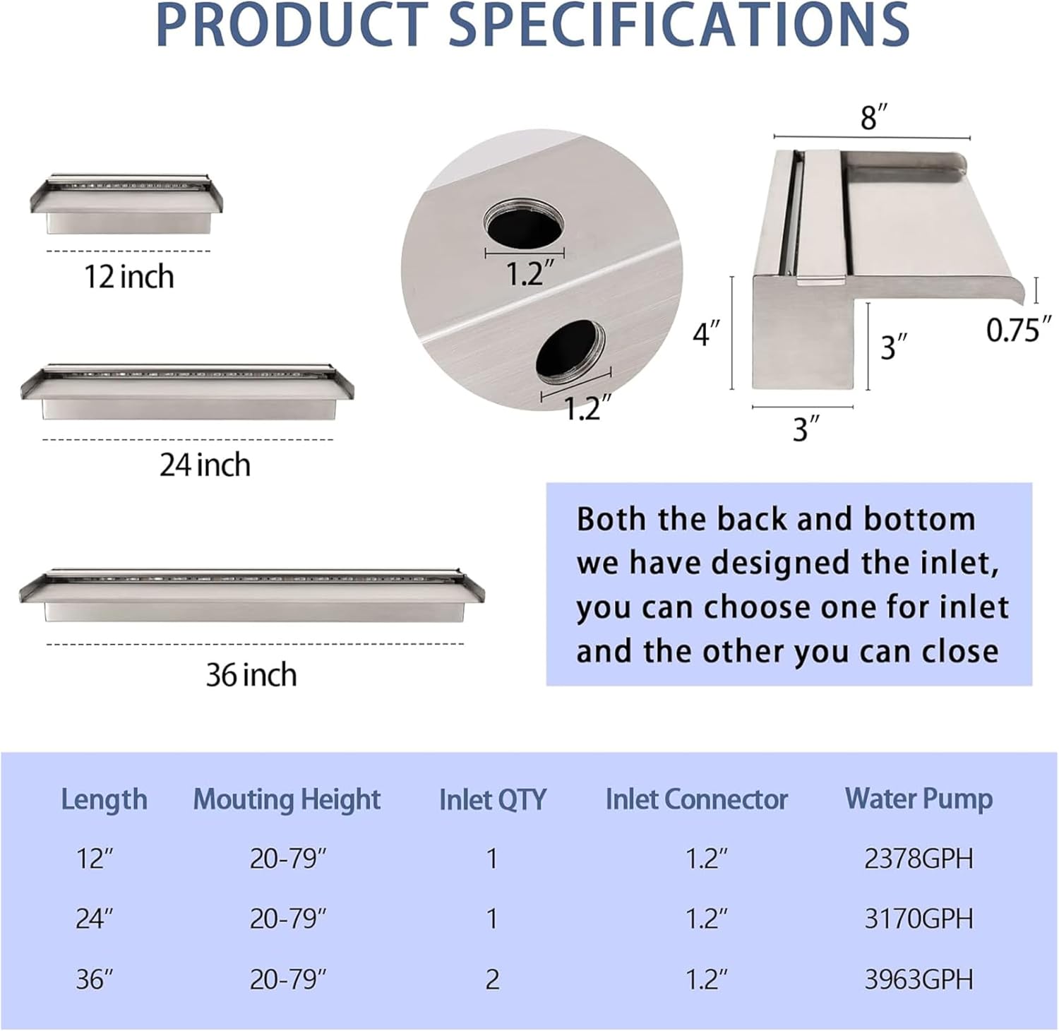 24 Inch APP Control Pool Waterfall Spillway Stainless Steel with LED Lights, Pond Fountain Set for Outdoor Decorations, Koi Pond Swimming Pool w/16 Color Changing Spillway for Sheer Descent