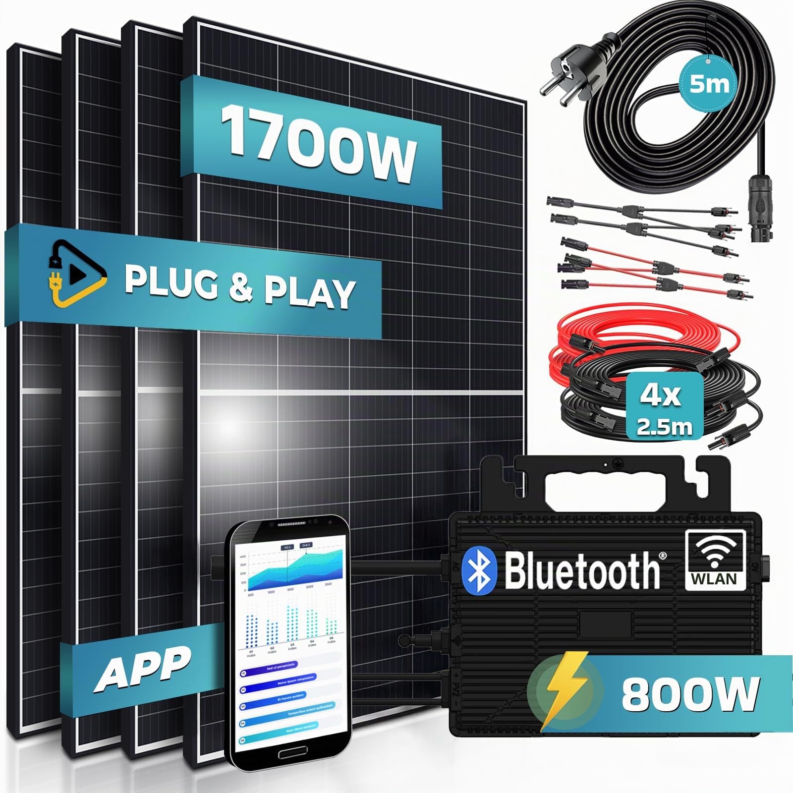 SUNNIVA® 1700W Balkonkraftwerk 800W komplett Steckdose - Astro-Energy 800W Micro Wechselrichter - PV Solaranlage Komplettset, 4x 425W (1700W) Solarmodule, inkl.5m Kabel, Y-Verteiler, Bluetooth, WIFI