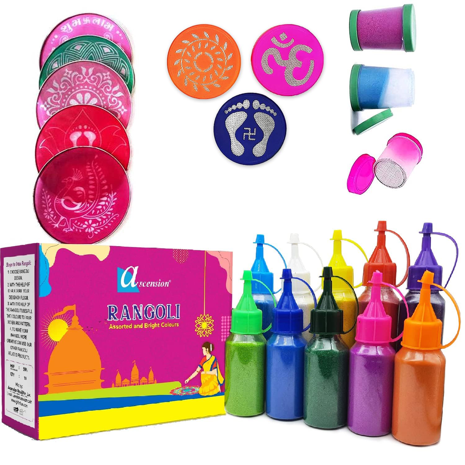 ascension 10 Rangoli Powder Colors 80 gm Each Ceramic Colours Rangoli Color Powder Rang 3 Filler, 5 Stencils & 3 Stamp Stencils for Navratri Pongal Pooja Mandir (Combo 2) (B0BJ329XP8) Amazon Price History, Amazon Price Tracker