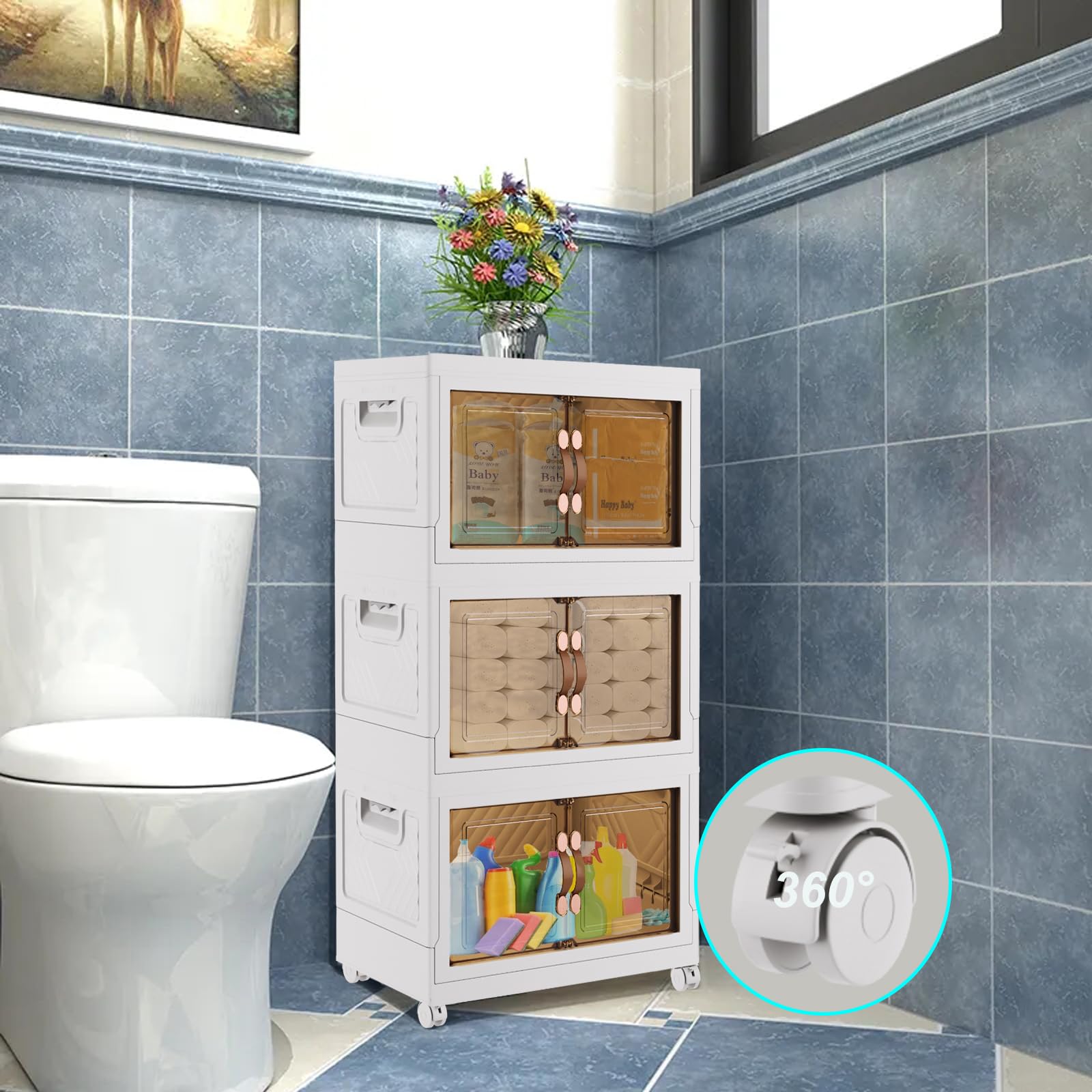 Contenedores de almacenamiento apilables de 3 x 34 L con ruedas, contenedores plegables para ropa y libros, plástico blanco, diseño de 3 cajones, solución de ahorro de espacio