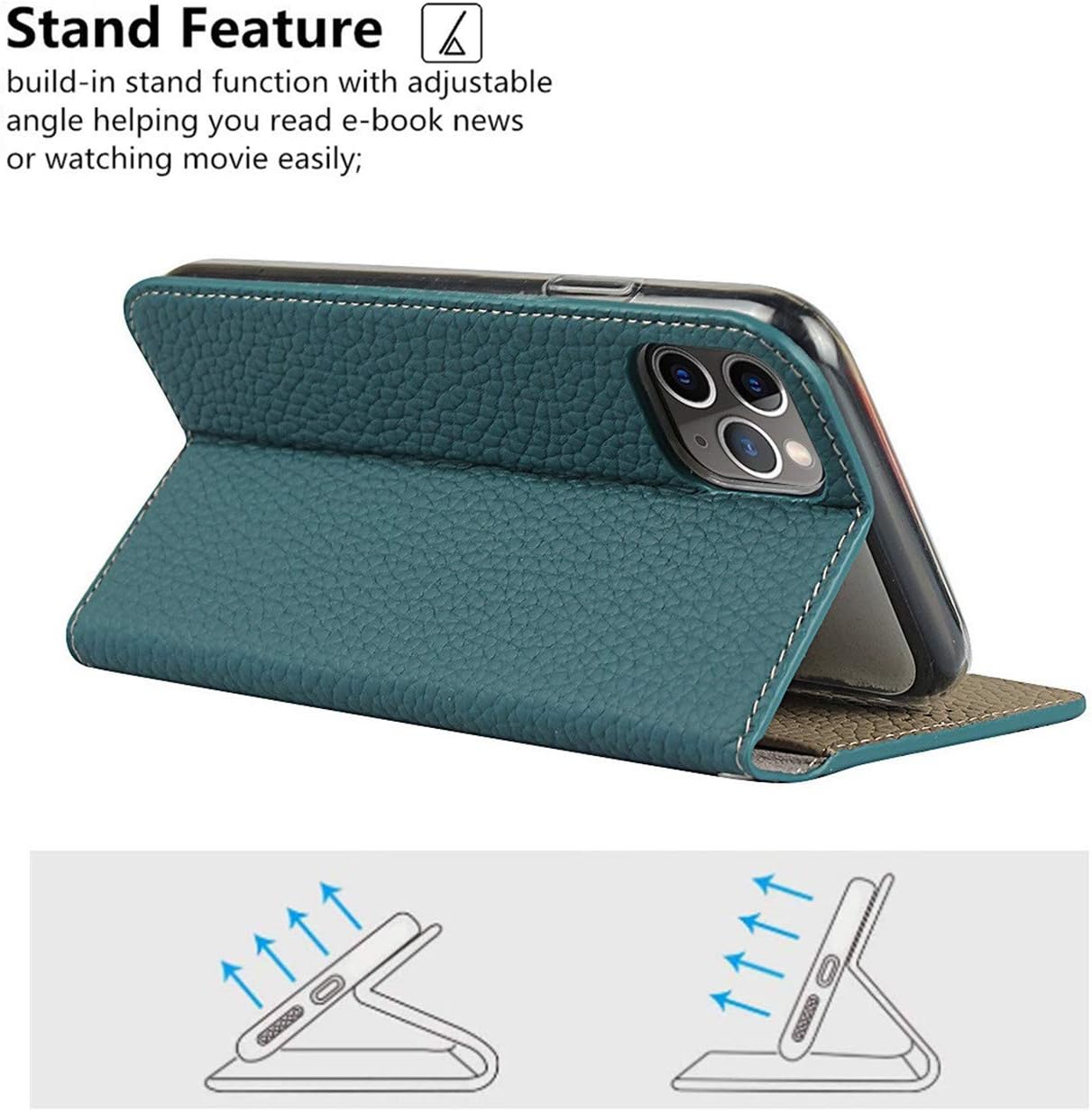 iCoverCase Compatible with iPhone 11 Pro Max Wallet Case, RFID Blocking Genuine Leather Magnetic Case with Wrist Strap and Card Slots Kickstand Feature Flip Cover 6.5 Inch (Light Blue)