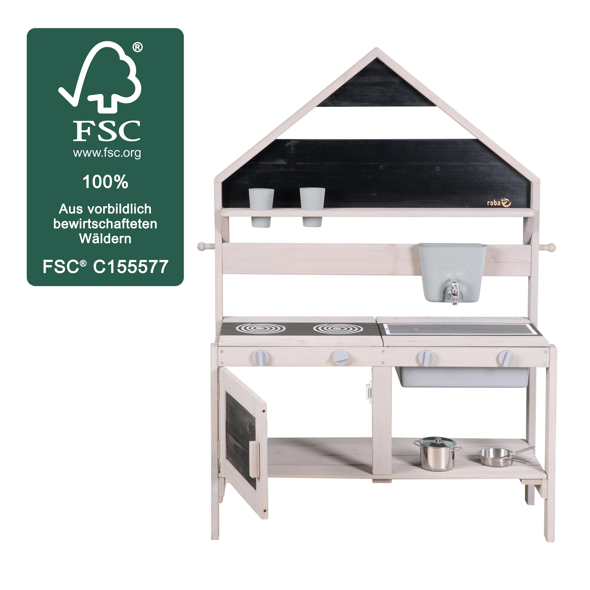 roba Cocina para Niños con Diseño de Casa - Cocinita de Juego Funcional para Exteriores con Accesorios - Madera Maciza Certificada FSC - Gris Esmaltado