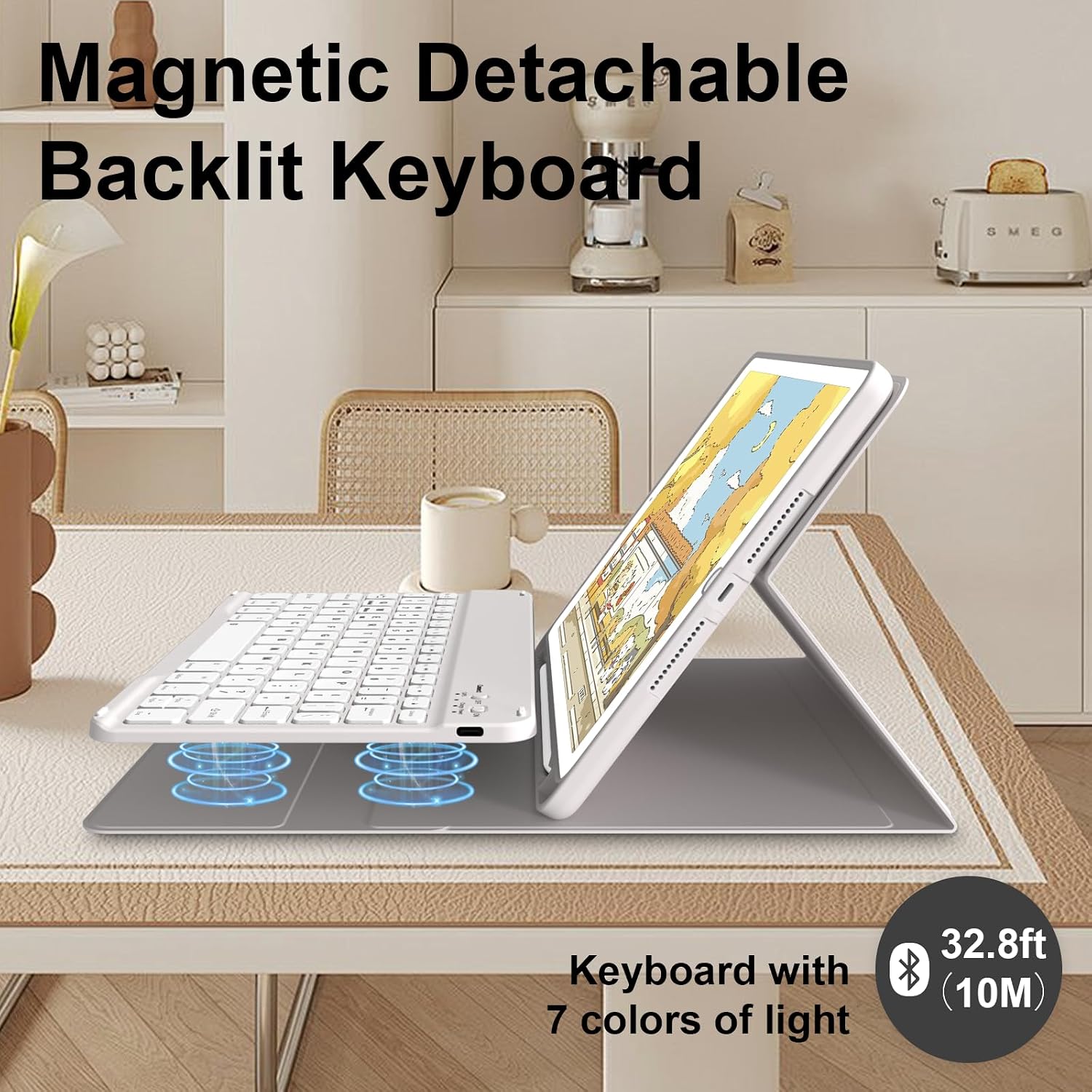 JKSML Keyboard Case for iPad 9th/8th/7th Generation 10.2 Inch 2021/2020/2019, 7 Colors Backlit Wireless Detachable Folio Keyboard Cover Thin & Light with Pencil Holder, Auto Wake Sleep (Gray)