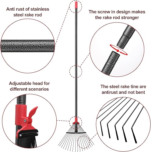 Miniatura 6 de Rastrillo de 61 pulgadas para hojas, 18 dientes ajustables con cabeza expandible, rastrillo de césped de 9 a 18 pulgadas, rastrillos de metal