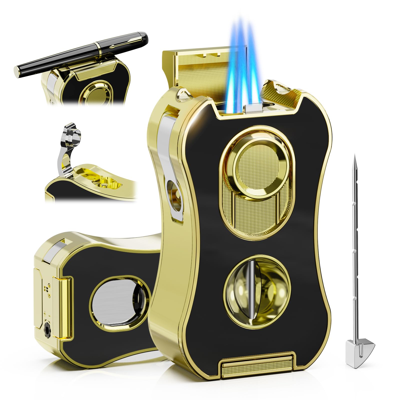 6-in-1 Quad Torch Lighter with Holder V Straight Cutter Punch Draw Enhancer Tool Gifts for Men Flame Adjustable
