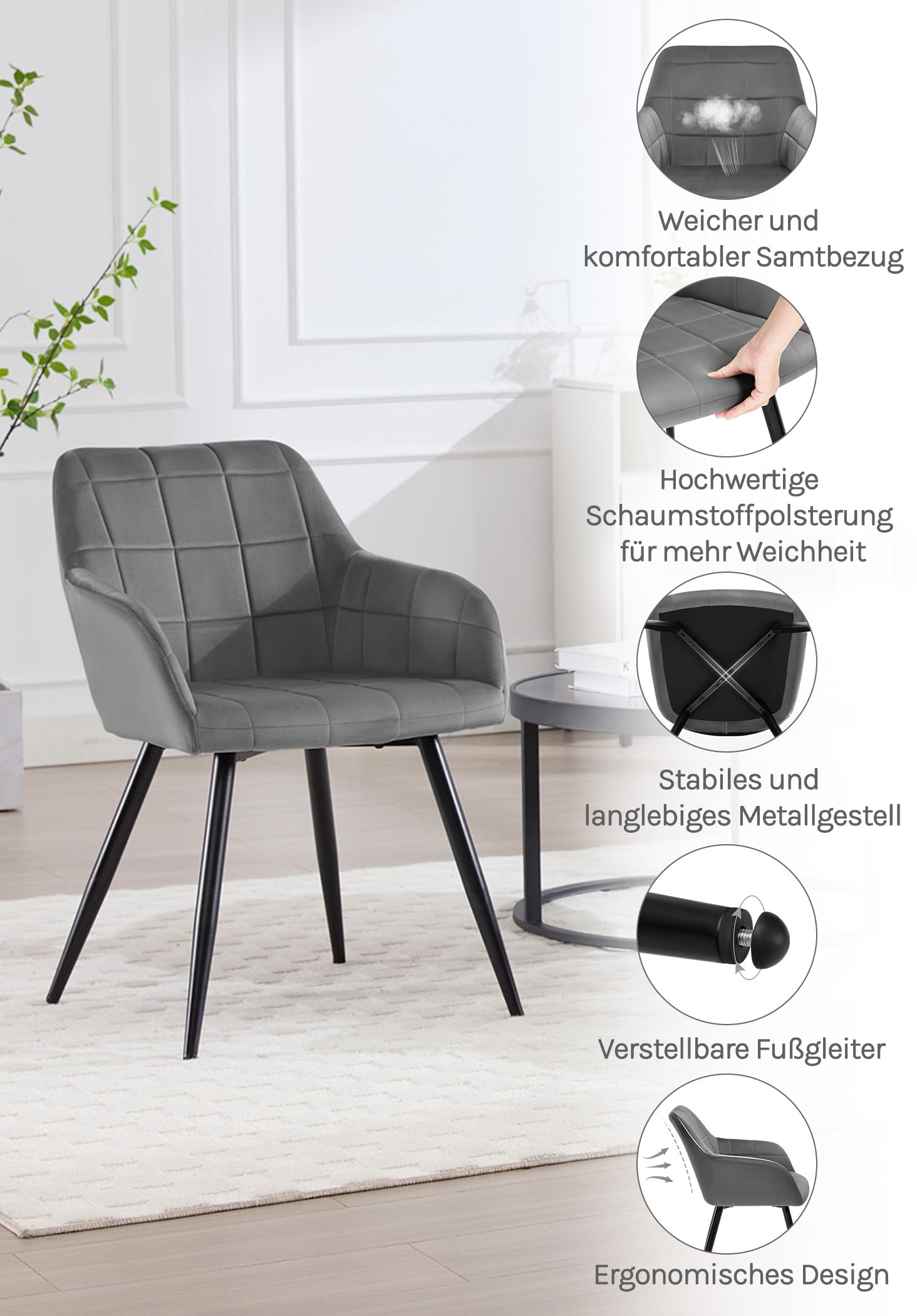 WOLTU Esszimmerstuh 1er Set Sessel Küchenstuhl Polsterstuhl Wohnzimmerstuhl mit Armlehnen, Sitzfläche aus Samt, Metallbeine, Dunkelgrau