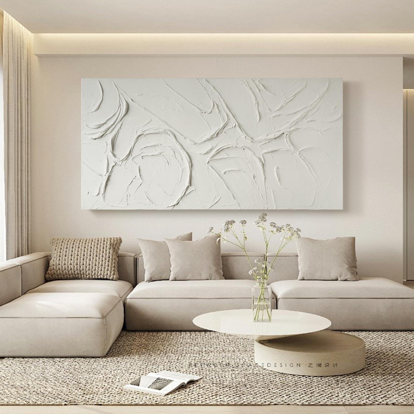 Arte de pared abstracto con textura pintada a mano, lienzo blanco, pintura al óleo moderna, 58 x 29 pulgadas, contemporánea, minimalista, grande, decoración de pared horizontal/vertical 5