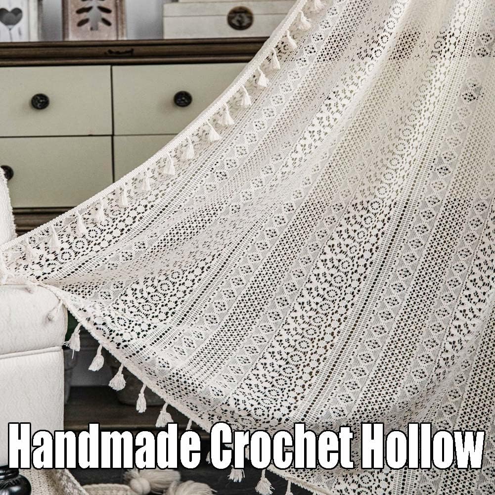 Vintage Handmade Crochet Knitting Window Curtains Boho Chic Cotton Linen Lace Curtain for Bedroom Living Room Drape Decor, Semi Sheer Rod Pocket Kitchen Curtain with Tassels, 1 Panel, 59" x 118"