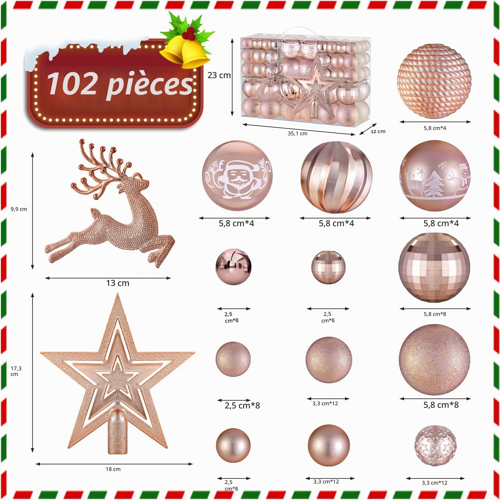 102 Pièces Boules de Noel Rose Gold, Decoration Noel Sapin,Christmas Tree Decoration,Kit Decoration Noel avec Grosse Petite Boule de Noel Boîte à Boules de Noël en Plastique
