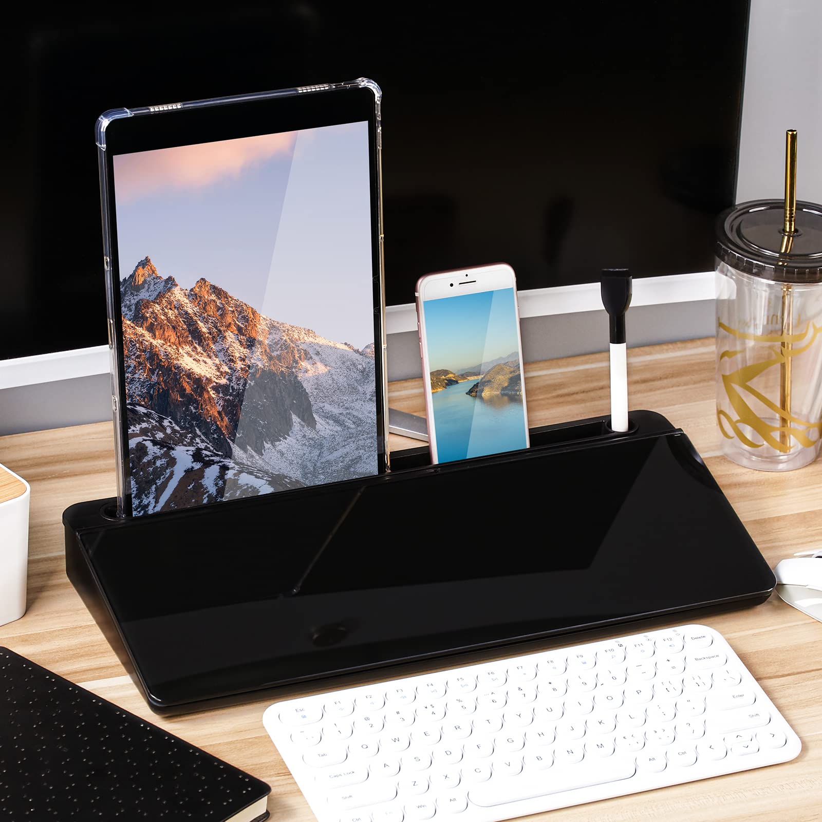 DEWUR Lavagna in Vetro Nero, Lavagna Bianca da Scrivania Con Supporto per Telefono, Tablet e Tastiera - Organizer da Scrivania Con Accessori per Ufficio e Casa