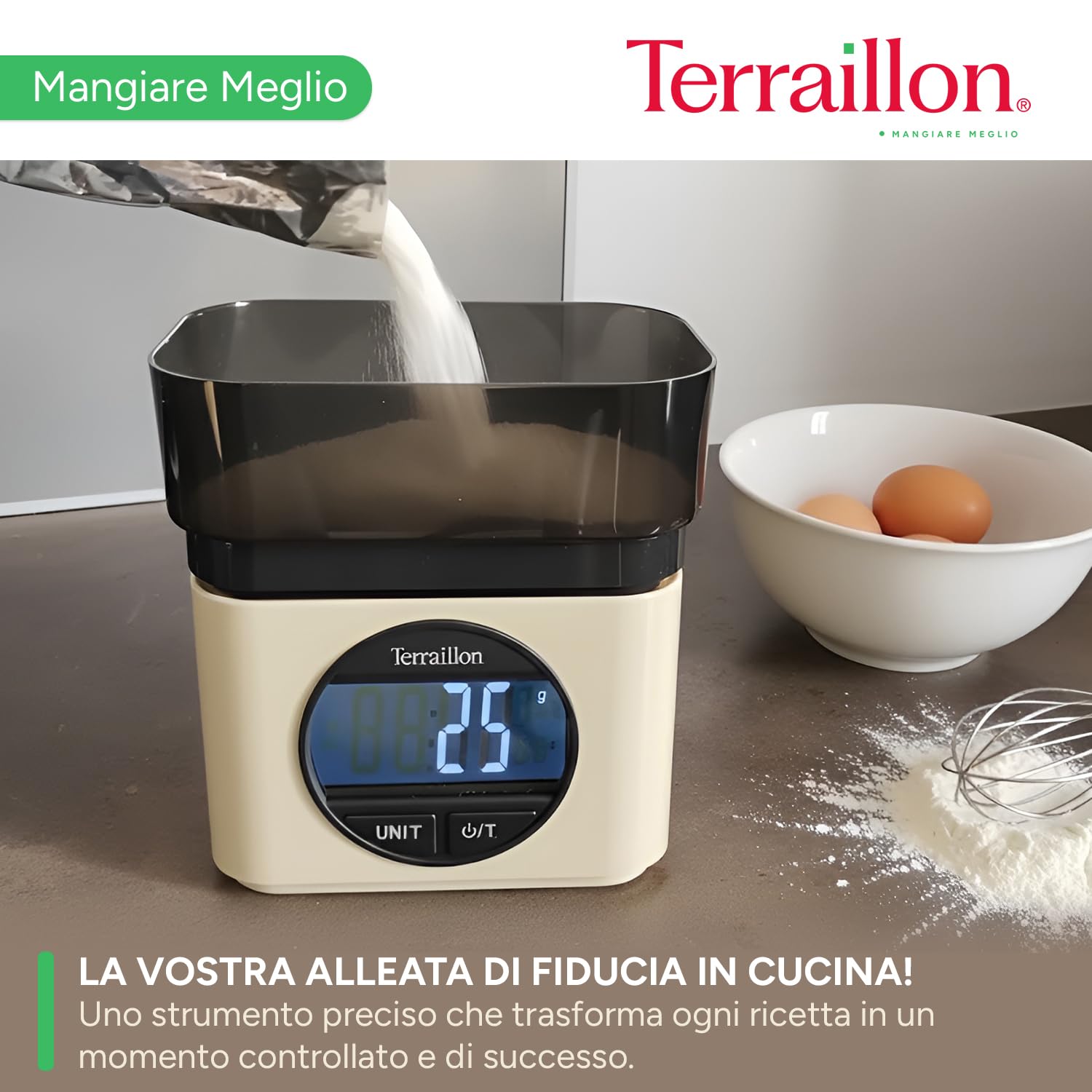 TERRAILLON - BA22 MITICA - Bilancia da cucina elettronica, design iconico e retrò, ciotola integrata 0.7L, grande schermo LCD, display XXL numeri, funzione tara, crema