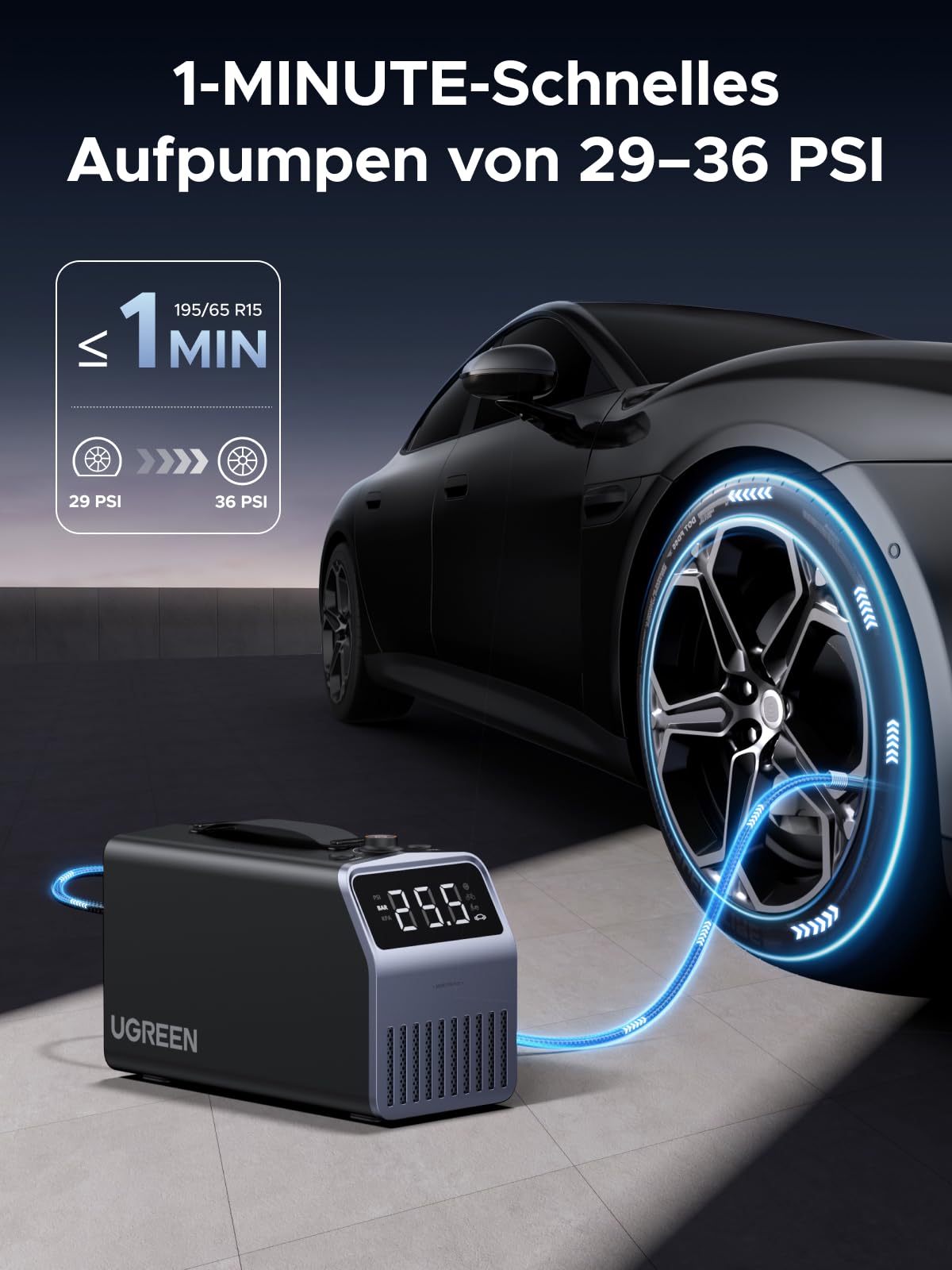 UGREEN Luftkompressor mit 3x4500mAh Akku, 150PSI | 12V Tragbare Automatische Reifenpumpe für 4 Reifenfüller mit Digitalanzeige für Autos, Motorräder, Fahrräder, Ballons
