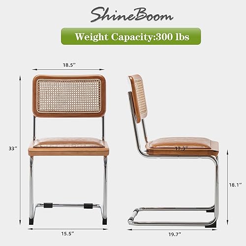Miniatura 3 de Juego de 2 sillas de comedor de ratán modernas de mediados de siglo con respaldo tejido de ratán natural y asiento de piel sintética, color marrón