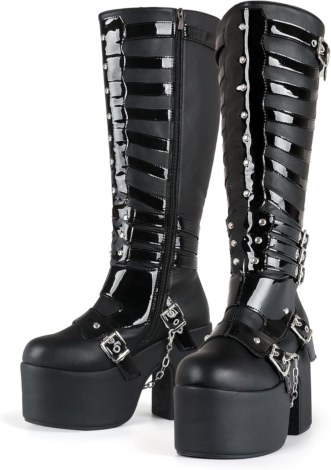 UniqueStride Womens Chunky Heel Goth Platform Boots Punk Strappy Buckle Zip Up Combat Boots