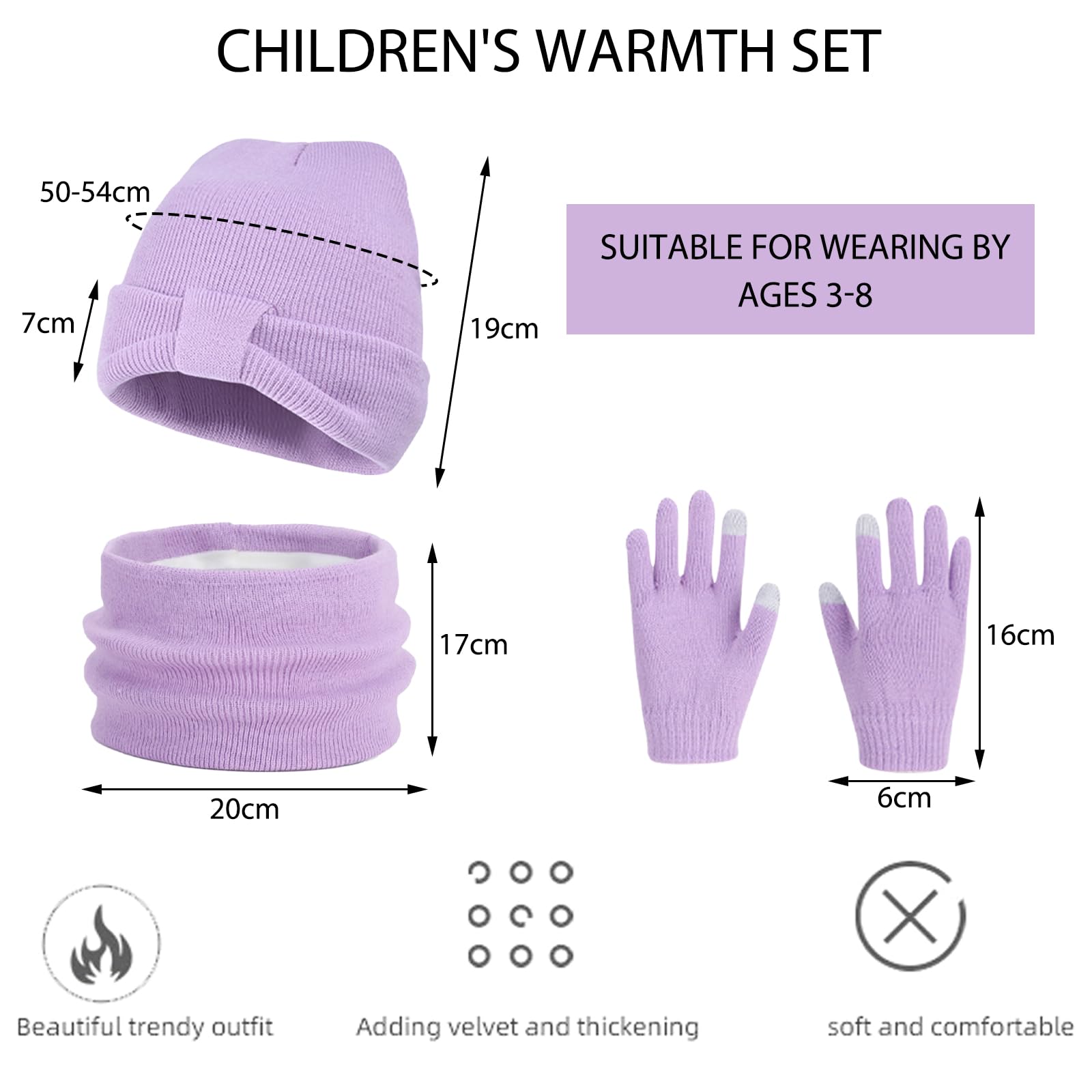 Conjunto de Gorro Bufanda y Guantes 3 en 1 para Niños Invierno 3PCs Púrpura