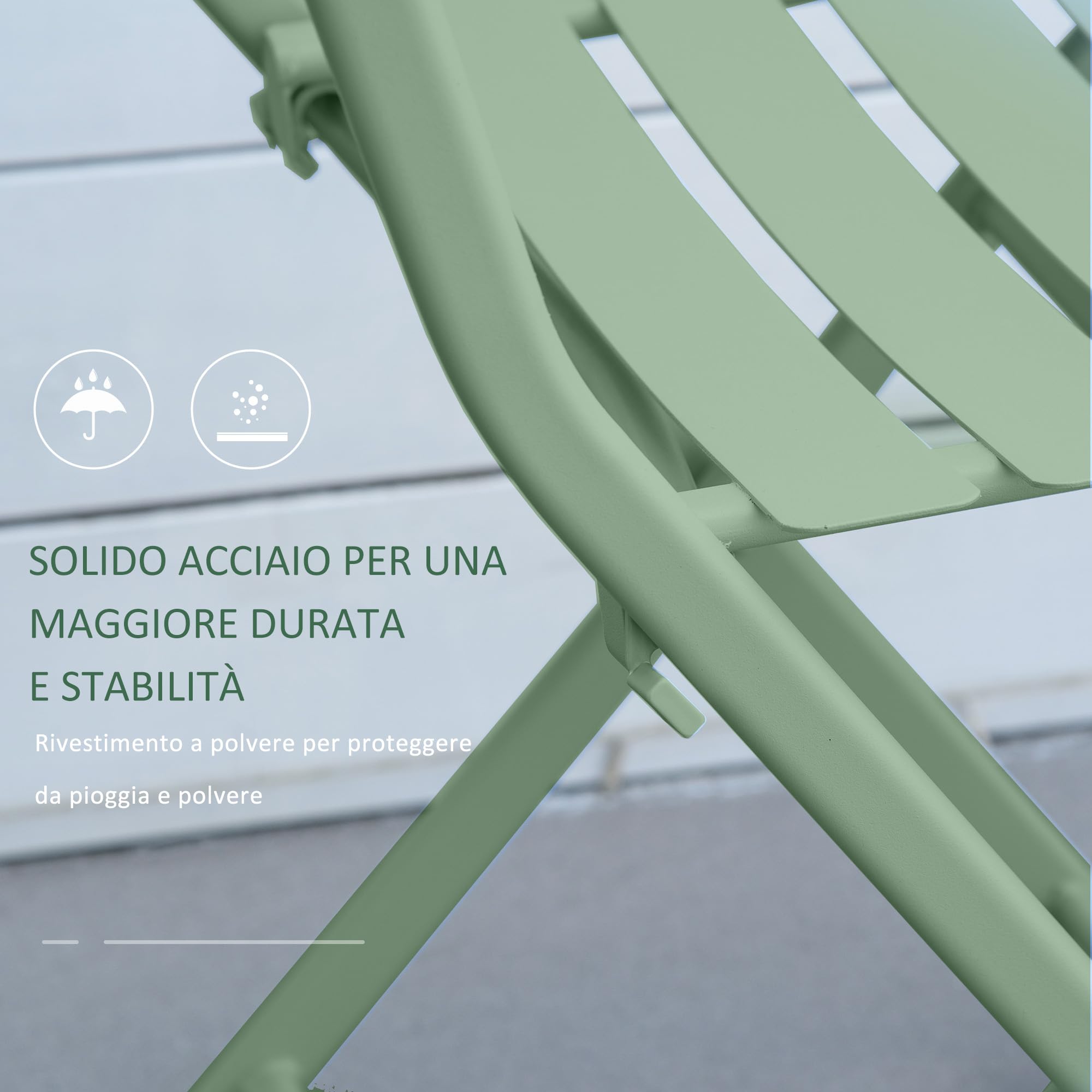 Outsunny Tavolino con Sedie da Giardino Pieghevoli in Acciaio Verde, Set 3 Pz per Balcone, Terrazzo, Esterno