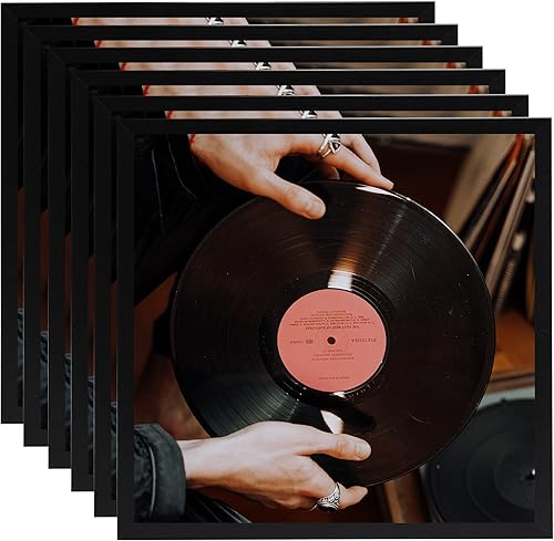 OMISHE Paquete de 6 marcos de discos de vinilo de 12.5 x 12.5 pulgadas, color negro, marco de PVC para colgar en la pared, juego de 6, cubiertas de