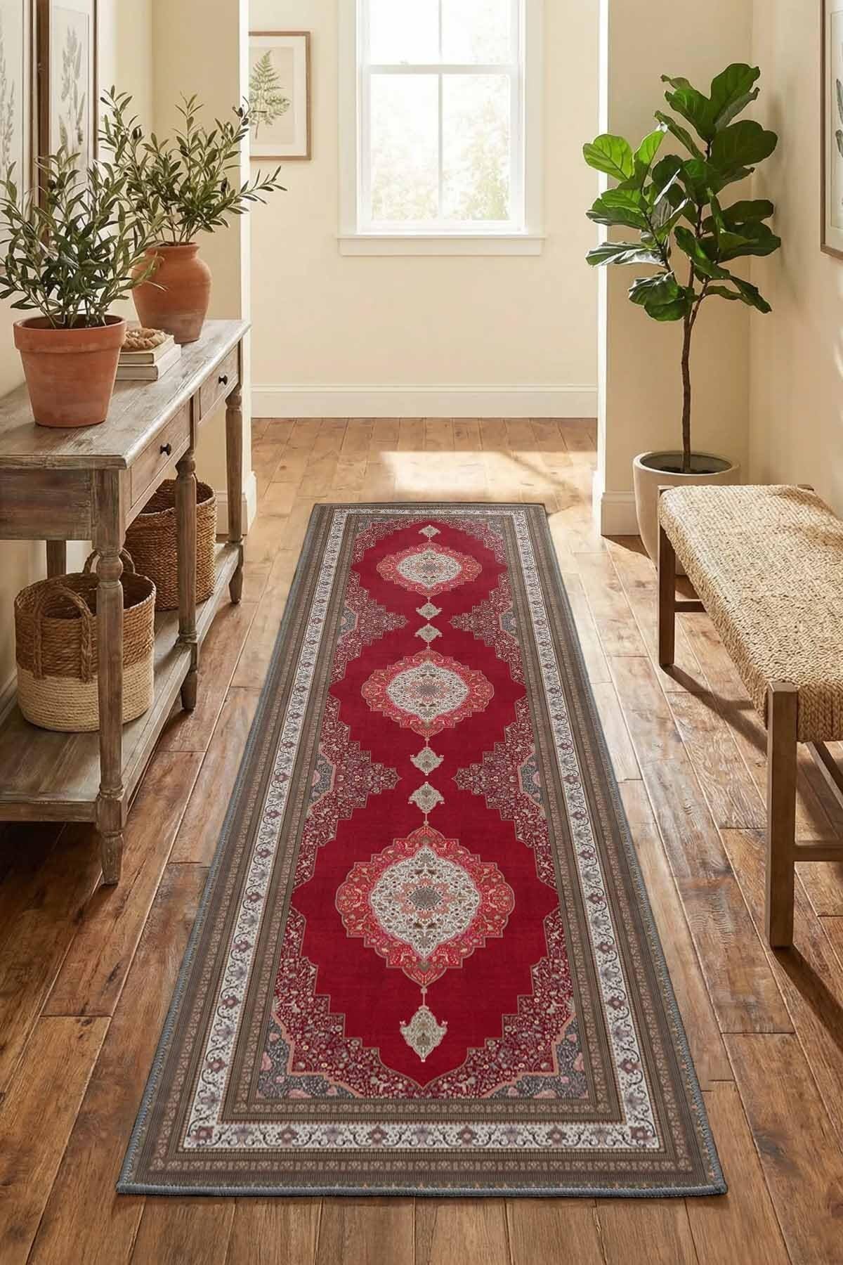 Monnhein Bordo Yolluk Arm-4 - Yıkanabilir, Kaymaz Taban, Dijital Baskılı, Leke Tutmaz, İnce Hav, Modern Koridor, Mutfak, Antre ve Salon için Dekoratif Yolluk