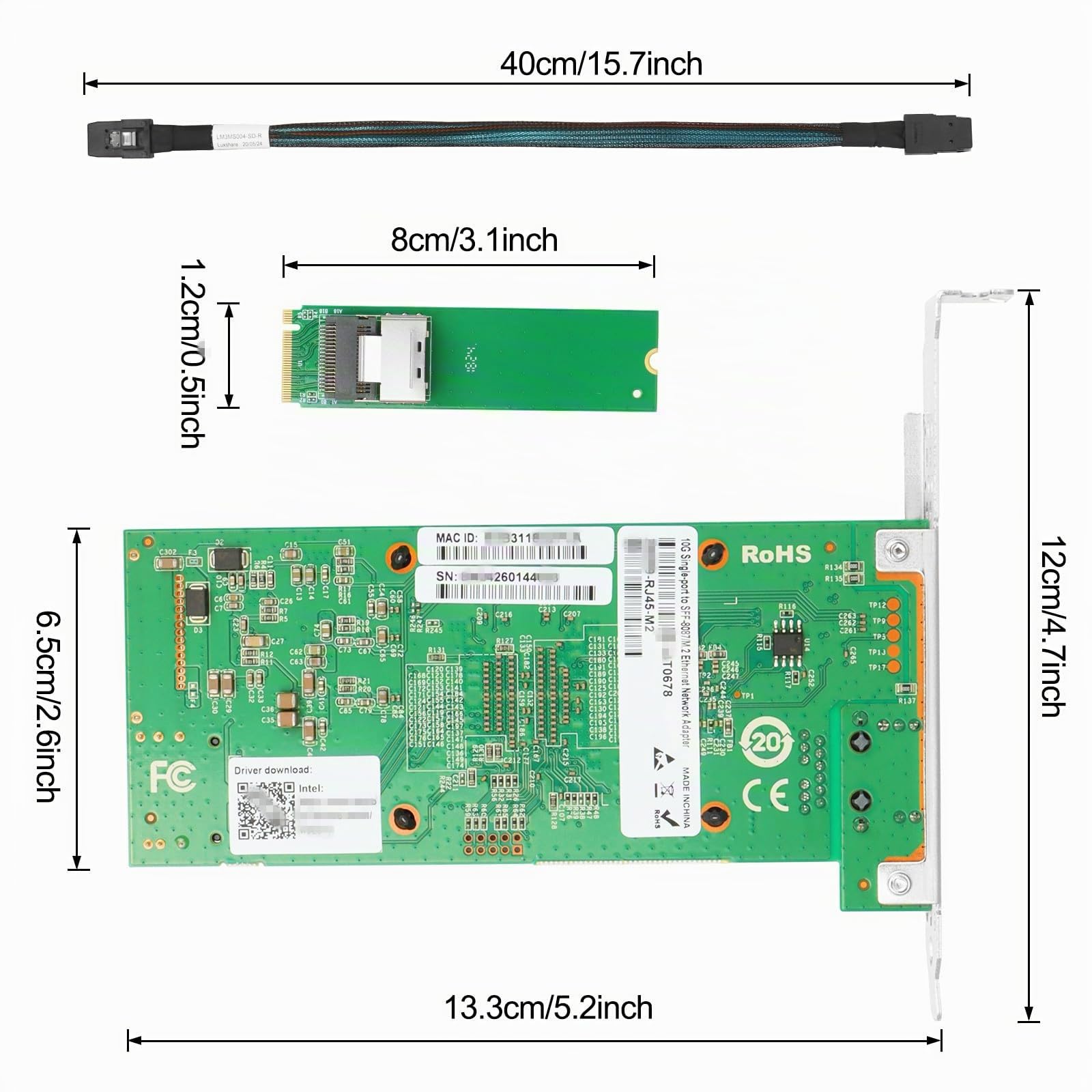 10 Gigabit M.2 to RJ45 NIC, for Intel 82599 Controller, Single-Port RJ45, M Key, with SFF 8087 0.35m(1.1ft) cable, 10 Gigabit Ethernet Expansion Card for Windows/Windows Server/Linux