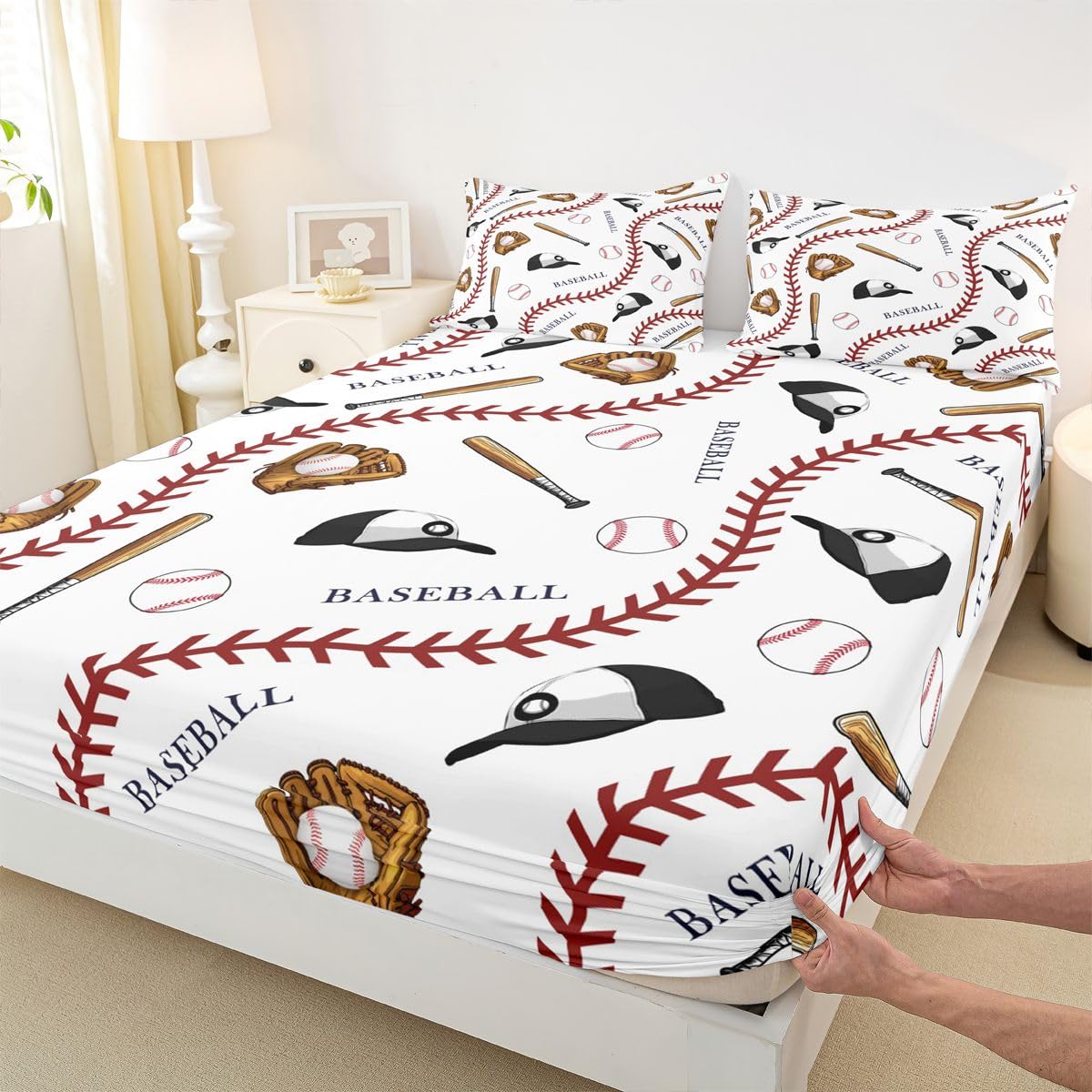 Homewish Prześcieradło z gumką z daszkiem King Baseball Party Prześcieradła Gra Piłka Sport Motyw Zestaw pościeli dla dzieci Chłopcy Dziewczęta, Nowość Ball Sznurowane Czapki Narzuta na łóżko 3 szt