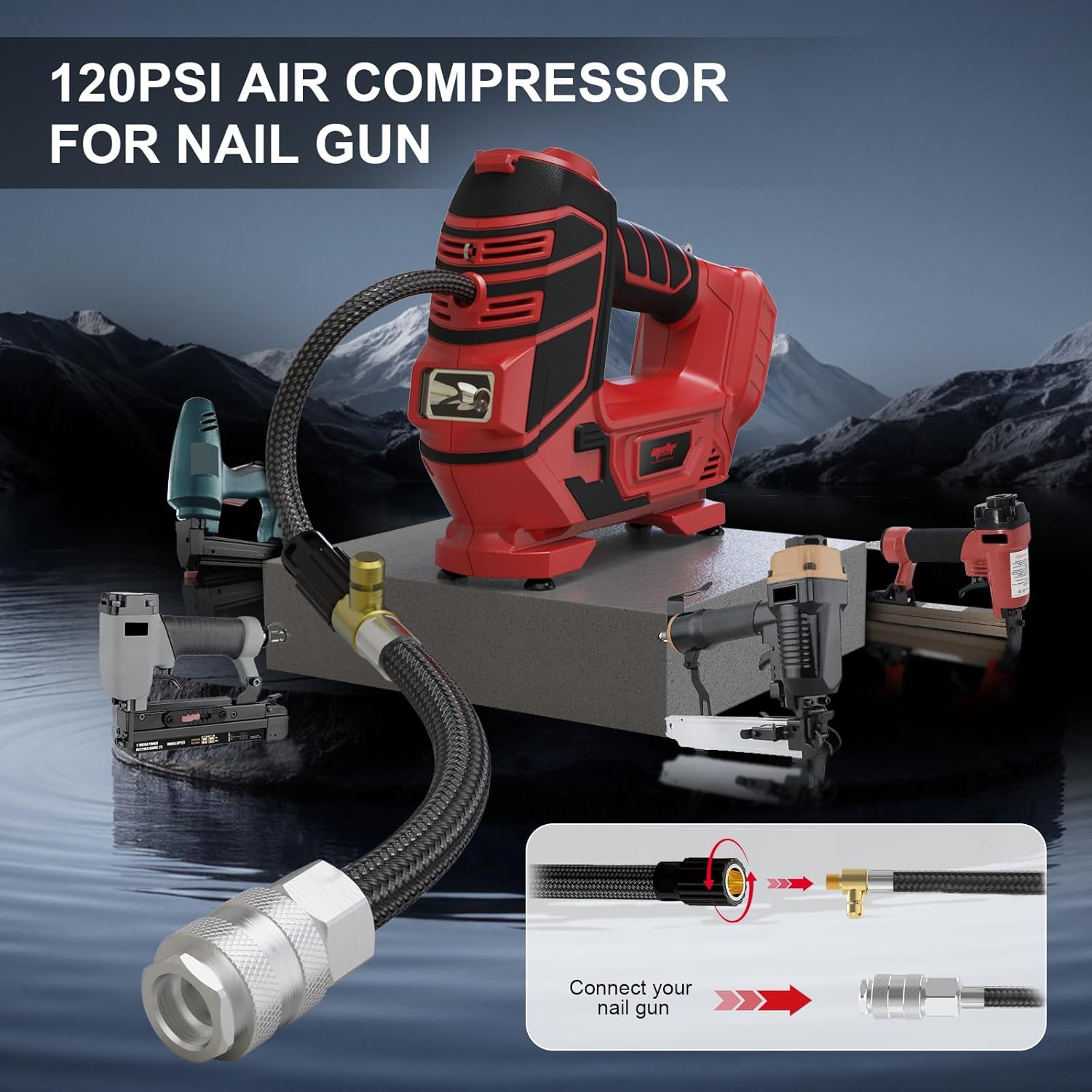 Air Compressor for Pneumatic Brad Nailer Stapler, Compatible with Milwaukee 18V Battery (Tool Only), 120 PSI Oil Free Cordless Portable Compressor, 160PSI Digital Tire Inflator for Pickup, Tire
