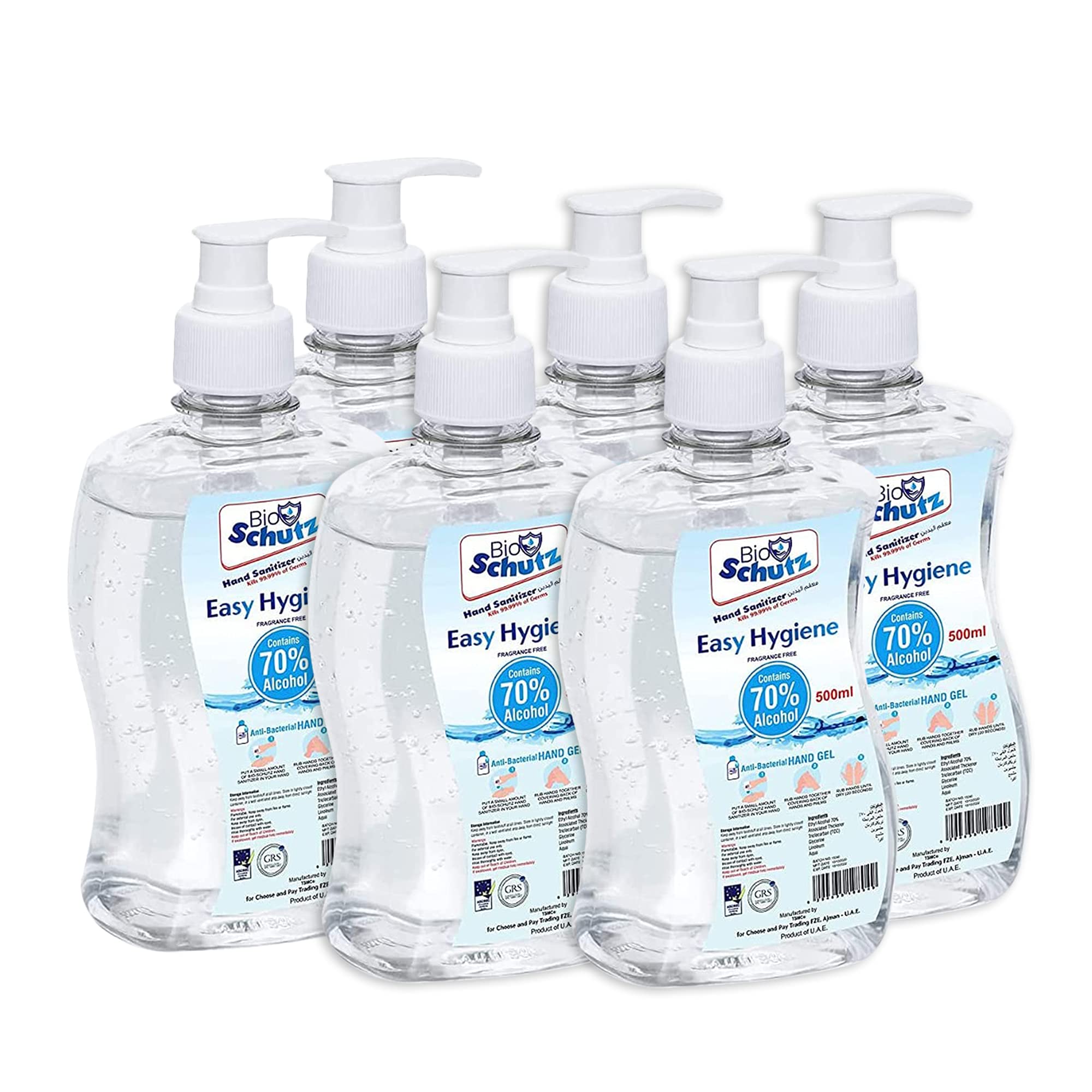 Bio Schutz Anti-bacterial Instant Hand Sanitizer 500ml - Pack of 6 | Hand Sanitizer Gel-Fragrance Free Hand Sanitizer with 70% Alcohol | Kills 99.99% Germs-EN 1276 certified - 6 X 500ml