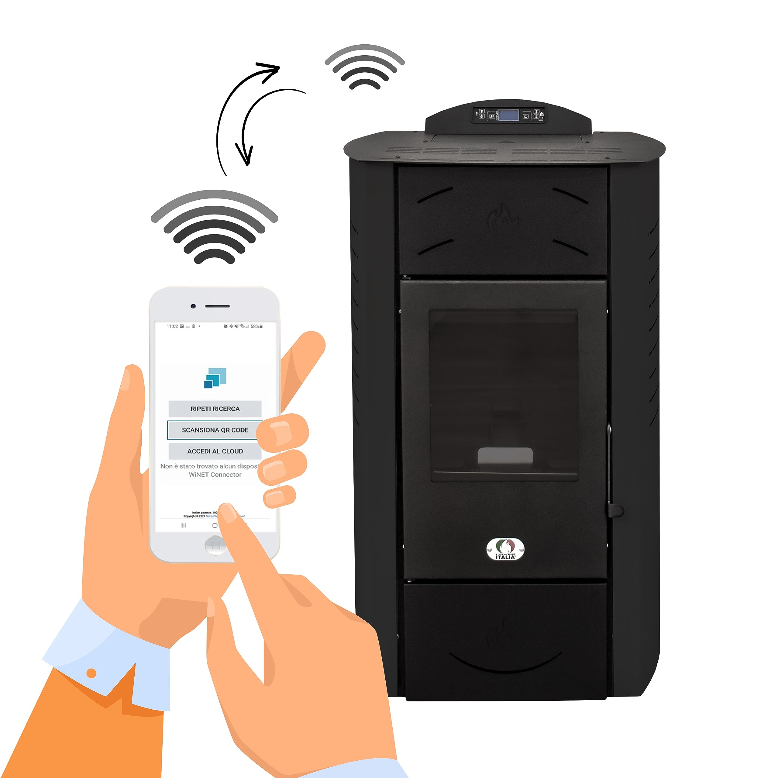STUFE A PELLET ITALIA Syberia Hydro 15 kW WiFi - wodny piec na pellet WiFi, ciepło do otoczenia i ciepłej wody, wydajność 90% ciepła 90 m², czas pracy 20 h, programowalny 5 mocy, 24 miesiące czarny