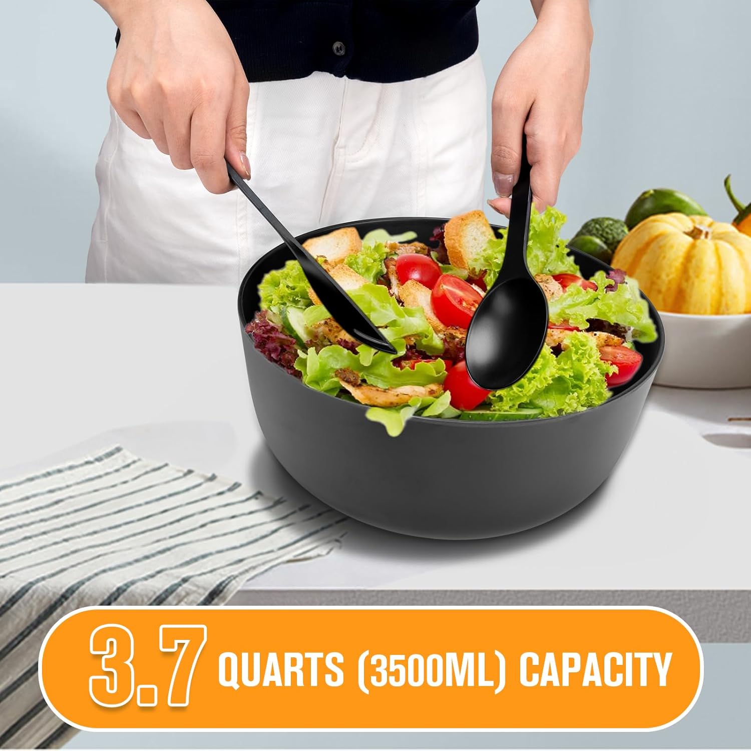 Bamboo Fiber Salad Bowl, Large Bamboo Salad Bowl with Lid Spoon and Fork, 9.8inches Mixing Bowl with Servers bamboo wooden salad bowl with lid for Salad Fruits Pasta Vegetables - Image 4