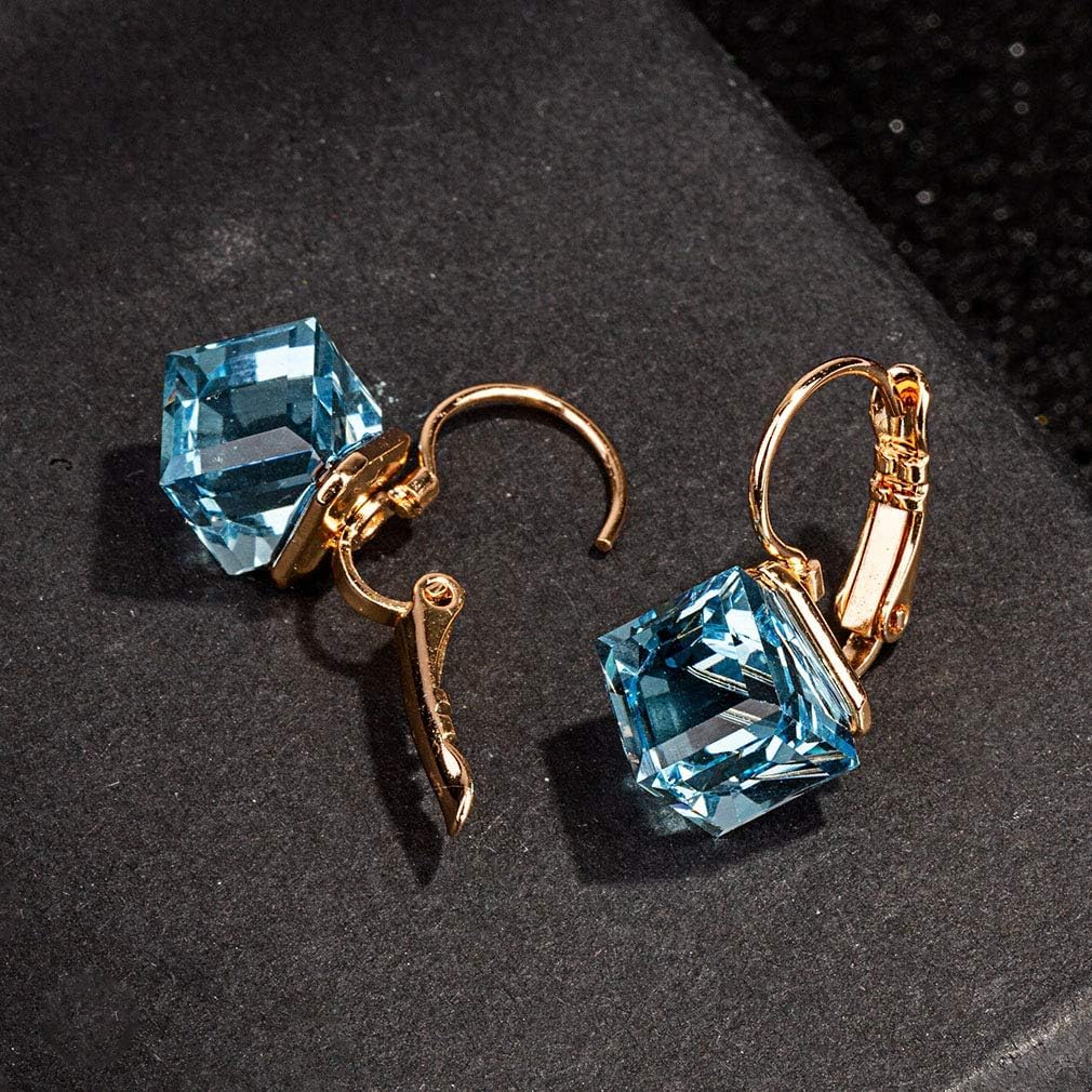 Cube Austrian Crystal Drop Leverback Earrings for Women Fashion 14K Rose Gold Plated Hypoallergenic Jewelry - Image 3