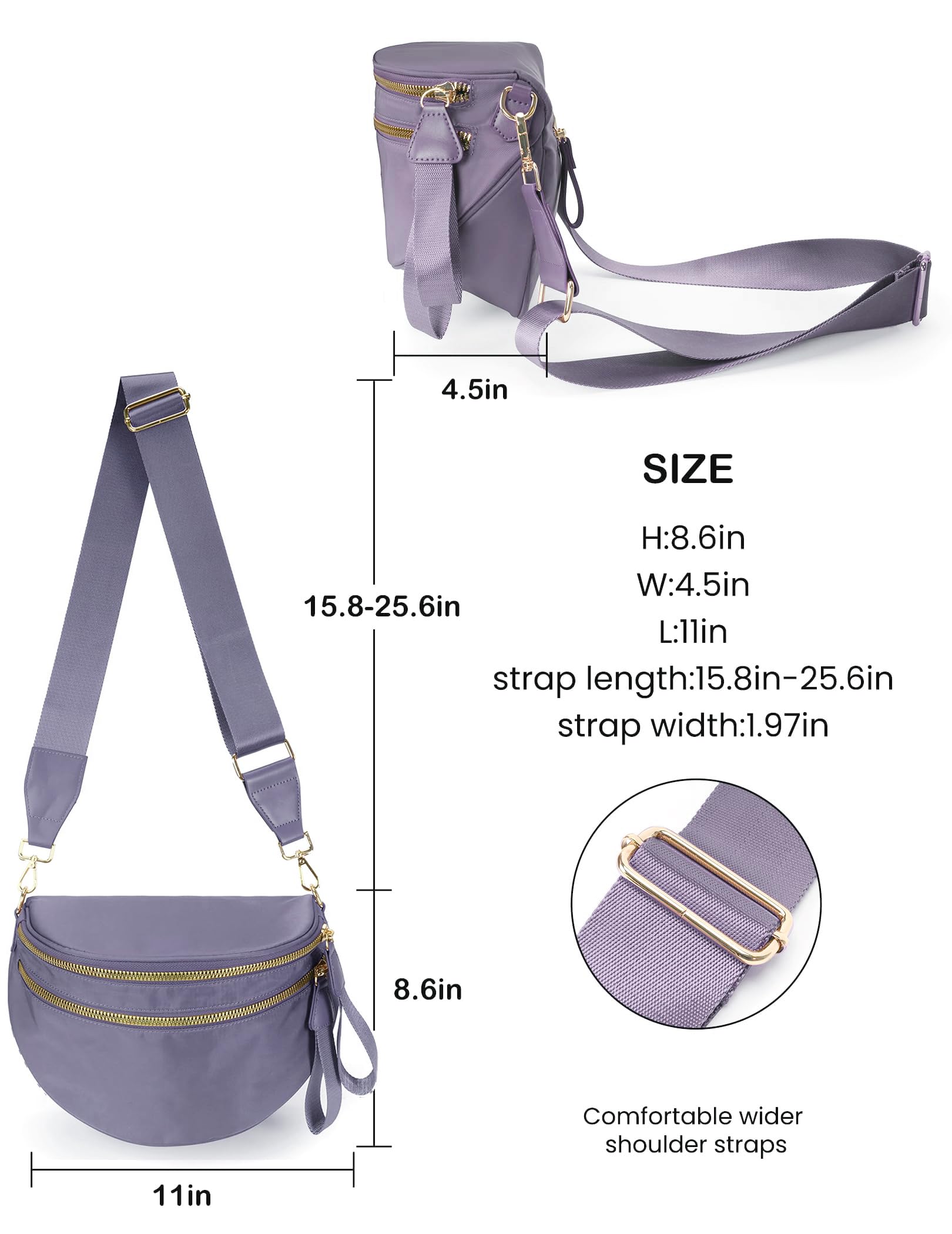 FEIBOON Spacious Nylon Crossbody Bag Bum Bag Handbags Wallets Purses Trendy Shoulder Bag for Women (Cloudy purple) view 3