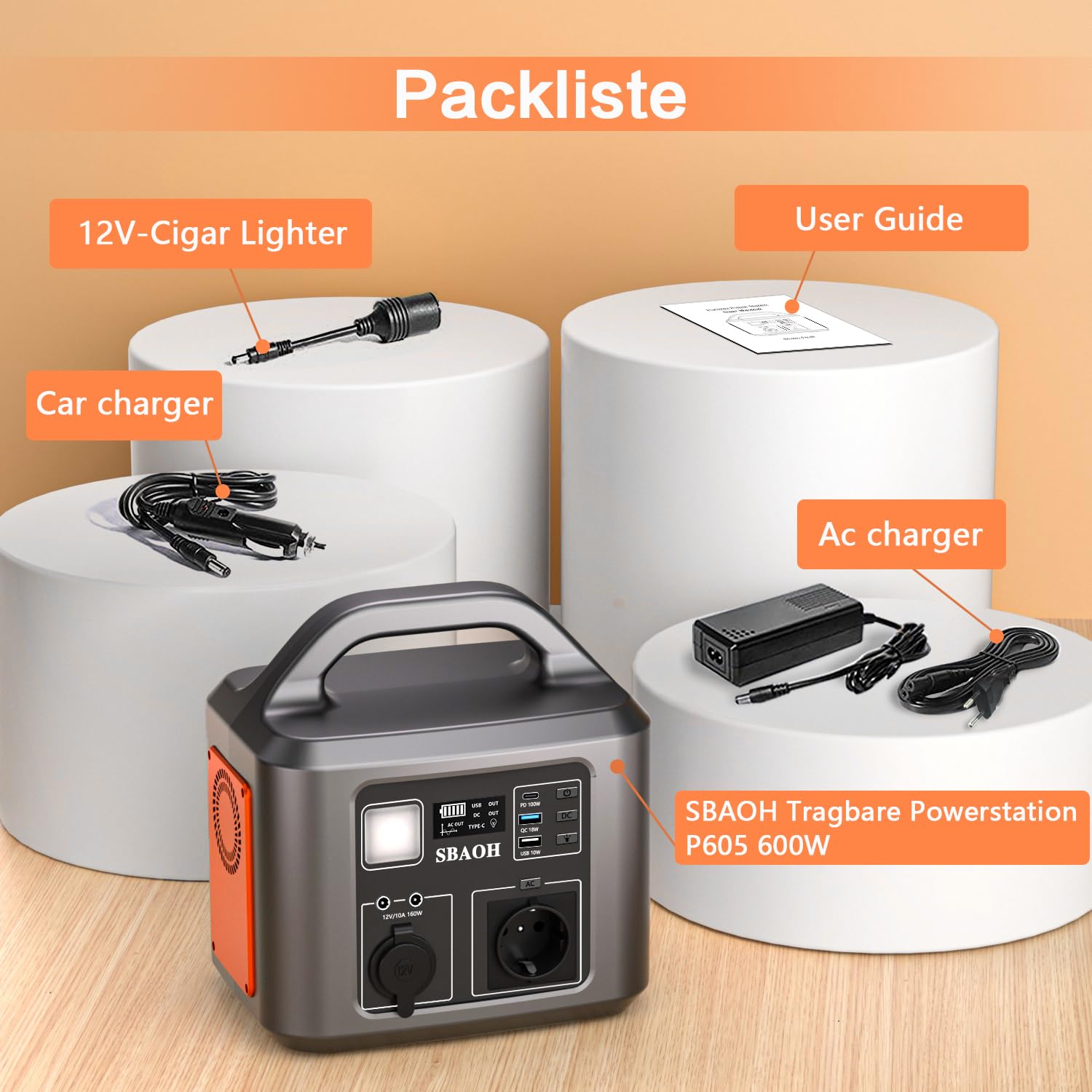Tragbare Powerstation 600W,SBAOH 538.7Wh Solargenerator Akku mit AC/USB Ausgabe,Mobile stromgenerator für Reise/Camping/Outdoors/Emergency