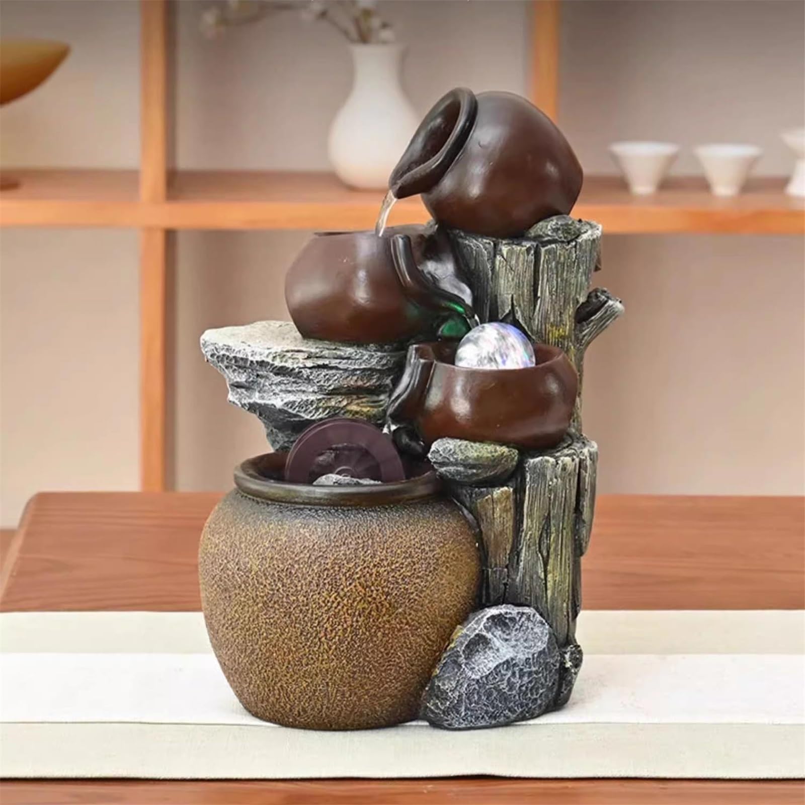 Fuente de sobremesa Fuente de Flujo Estilo Chino, Rueda Feng Shui Ornamental for salón té, decoración paisajística Agua circulante