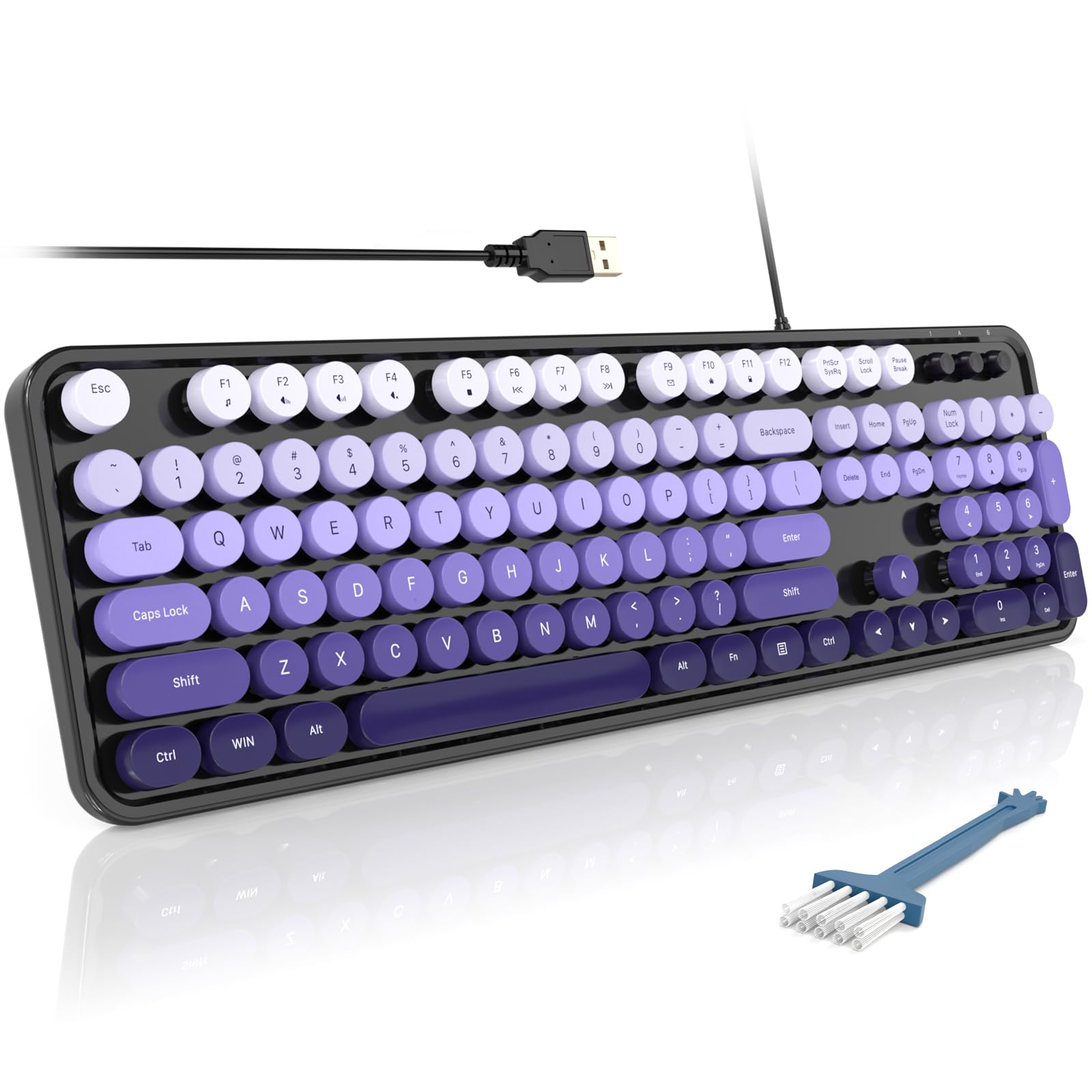 Computer Keyboards Wired, Plug Play USB Full Size Typewriter Keyboard, Cute Colorful Aesthetic Keyboard with Foldable Stands for Windows PC Laptop (Black Purple)
