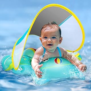Ultra-Safe Baby Pool Float Never Flipped Over, UPF50+ Sun Canopy Inflatable Baby Float with Sponge Support Bottom, Portable Fun Gifts Water Swim Toys Baby Floats for Pool Infant, Toddler, 3-36Months