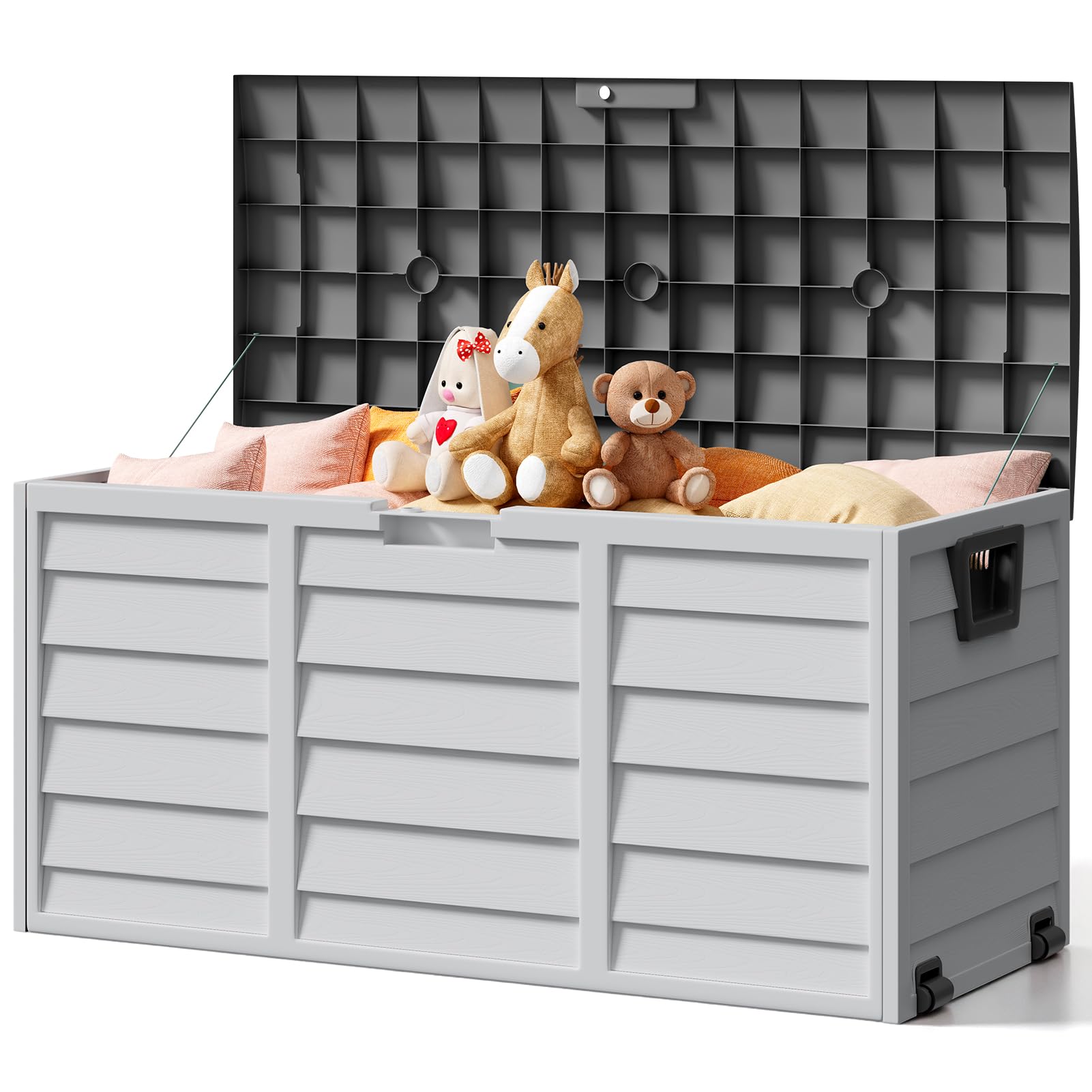 The Fellie Garden Storage Box with Wheels, 290L Lockable Garden Storage Boxes Waterproof, Plastic Outside Storage Box for Gardening Tools, Cushions, Toys, 112x49x54cm, Grey — view 15