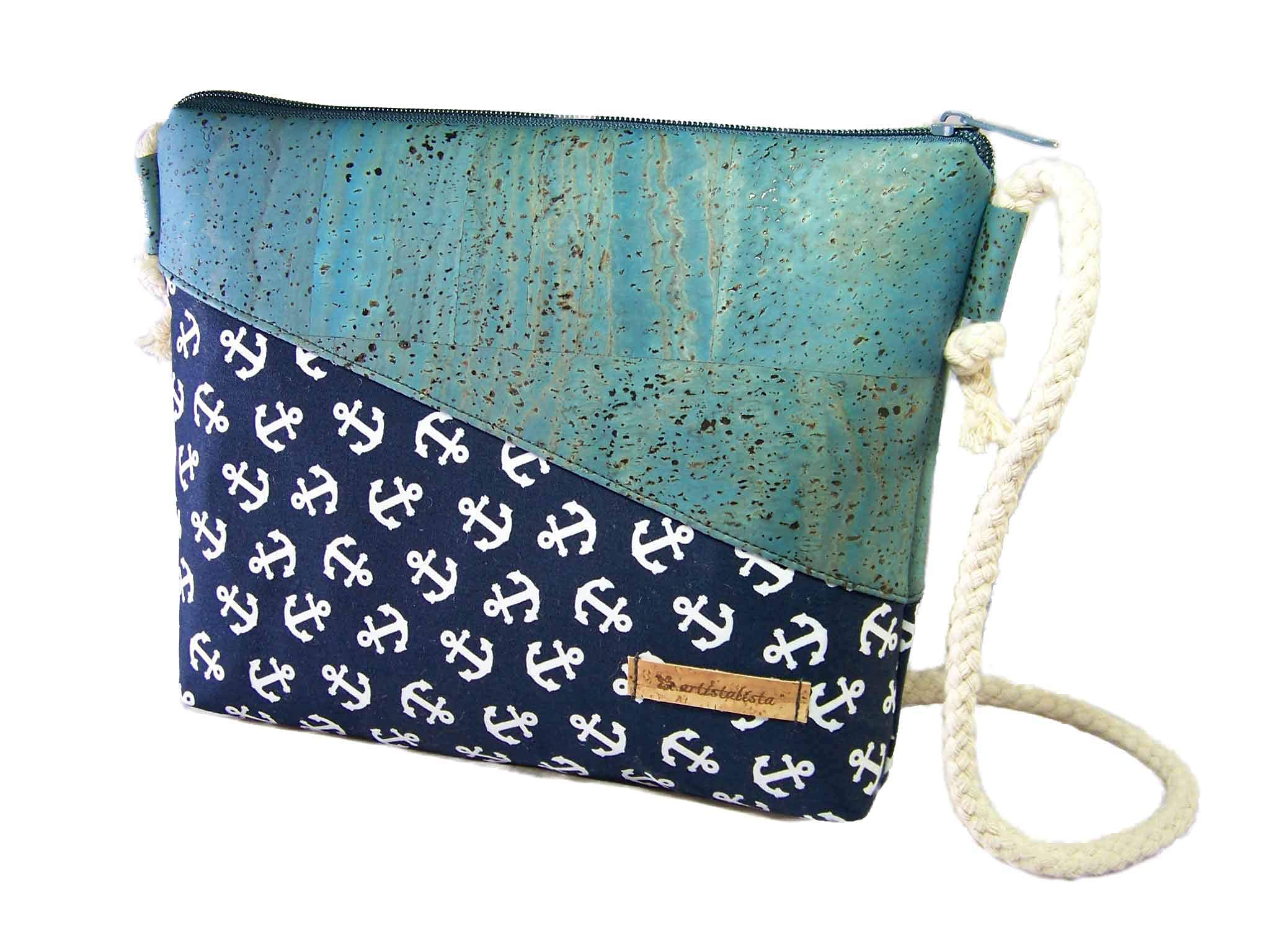 Handmade Korktasche mit Anker Stoff + Kork Schultertasche Umhängetasche Damen Tasche Handtasche, nachhaltig vegan und fair