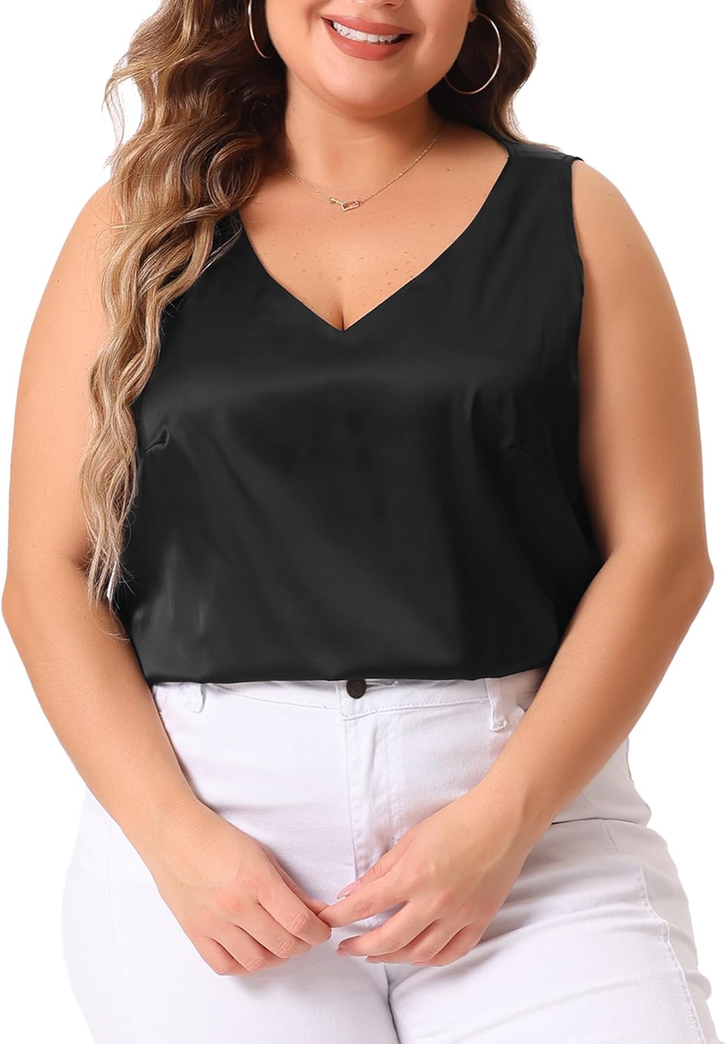 Agnes Orinda Plus Size Silk Satin Tank Tops for Women V Neck Casual Cami Sleeveless Blouses Summer Basic Camisole - Image 2