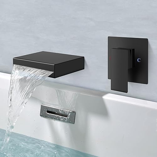 Aolemi Grifo de bañera negro mate de montaje en pared con boquilla ancha con válvula áspera