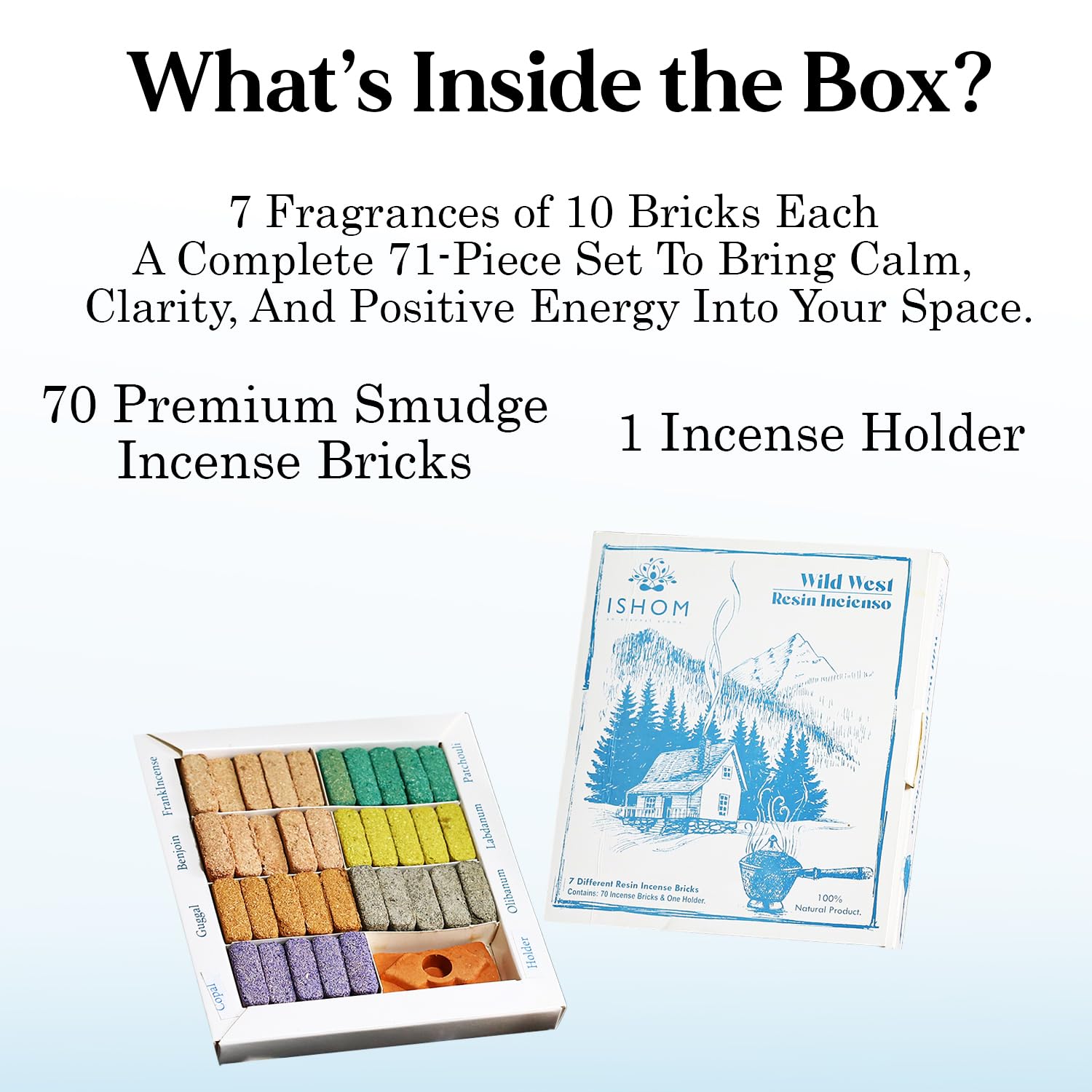 ISHOM Wild West Smudge Incense 70 Bricks with Holder Combo, 7 Natural Aromatic Fragrances, Copal, Guggal, Benzoin - Image 2