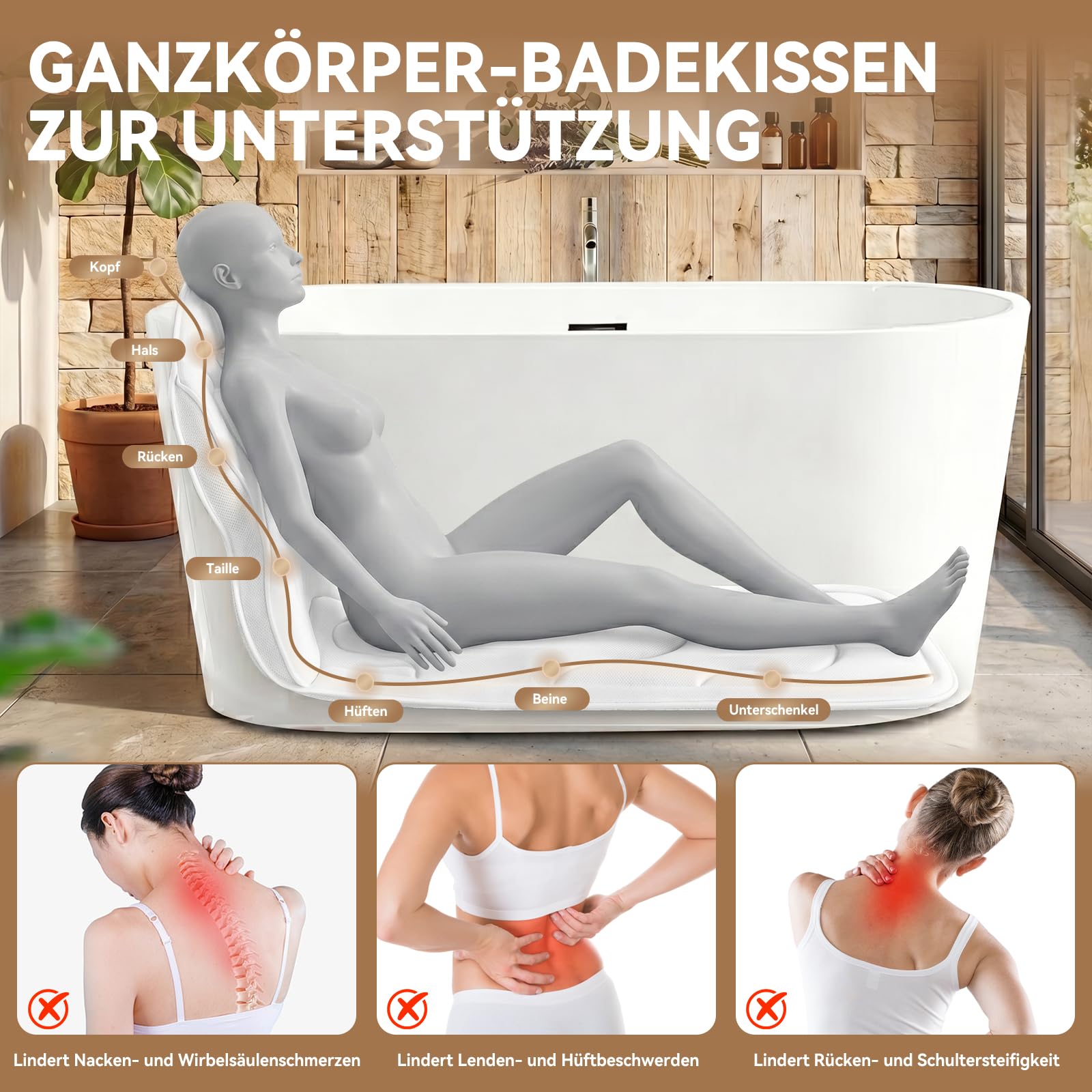 Poemland Luksusowa gruba poduszka do wanny na całe ciało, mata i poduszka do wanny, zagłówka, szyi, ramion, komfortowa relaksacja, akcesoria spa, idealna do zanurzenia w wannie (biała)