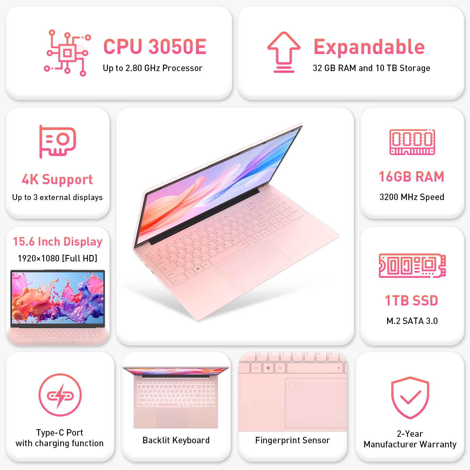 Auusda 15.6" FHD Laptop for Students & Work, 16GB Dual RAM, 512GB SSD, Backlit Keyboard, Fingerprint Sensor, Pro System, Dual core Processor, Full-featured USB C, USB 3.0/2.0, HDMI, Pink — view 2