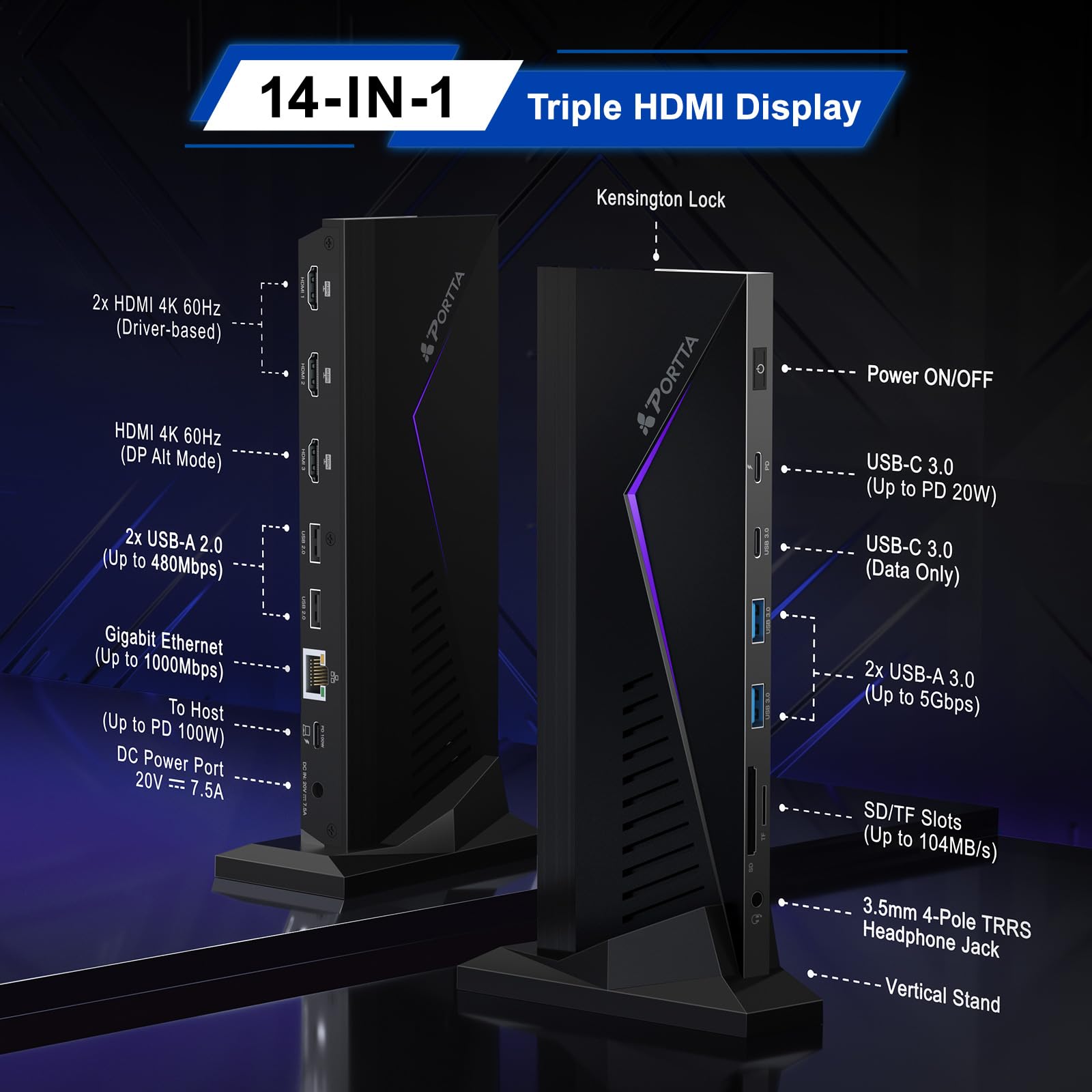 PORTTA 14 in 1 Displaylink Docking Station Triple Monitor 4K 60Hz with 150W Power Adapter, HDMI x3, USB x6, Ethernet, SD/TF, 100W PD, Audio/Mic, Compatible with MacOS/Windows SST/MST, Driver Required