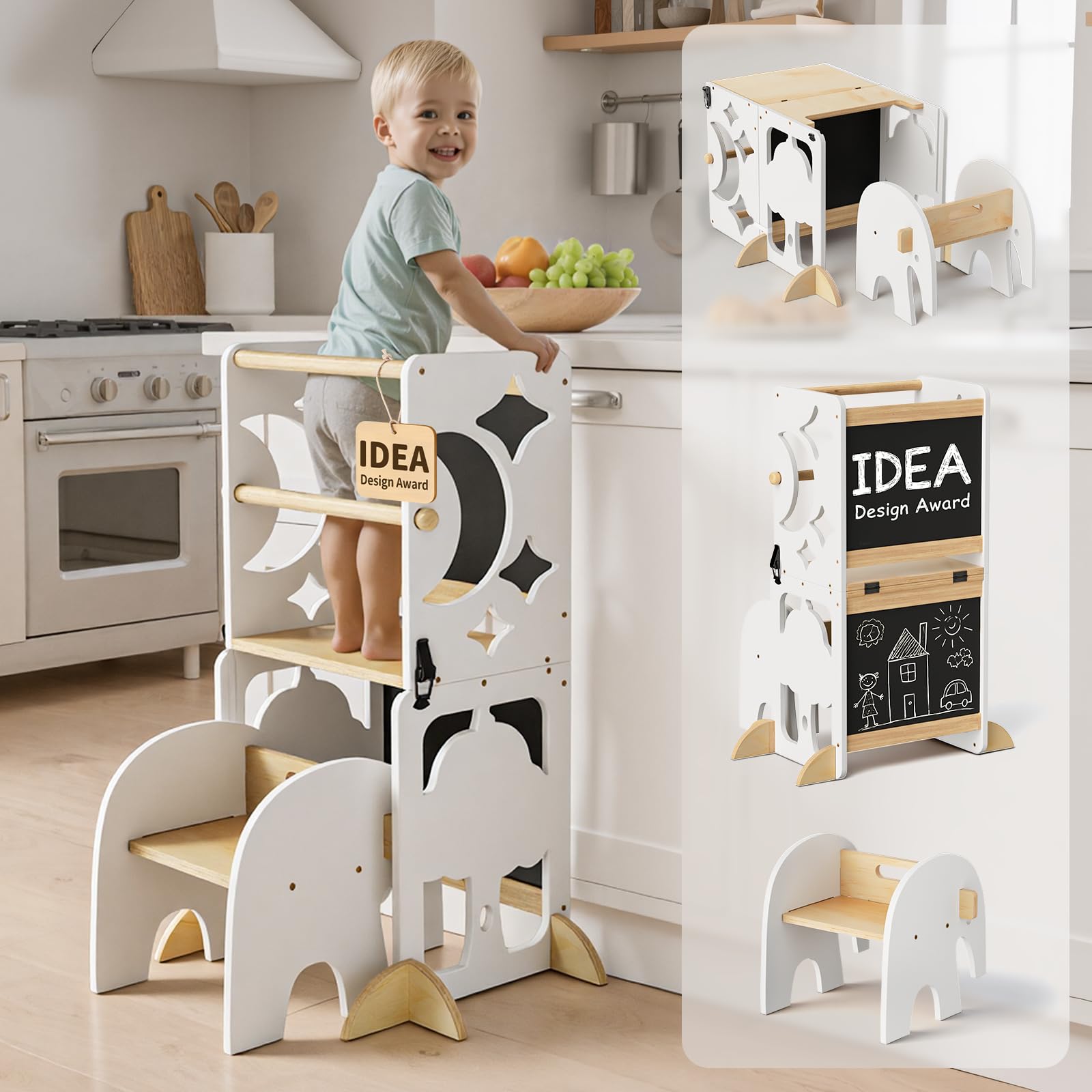 COSYLAND Lernturm ab 1 Jahr, klappbar – 4in1 Lernturm Kinder mit Doppeltafel, Stehhilfe & Schreibtisch mit Stuhl, Elefanten-Hocker als Tritthocker, Weiß/Natur