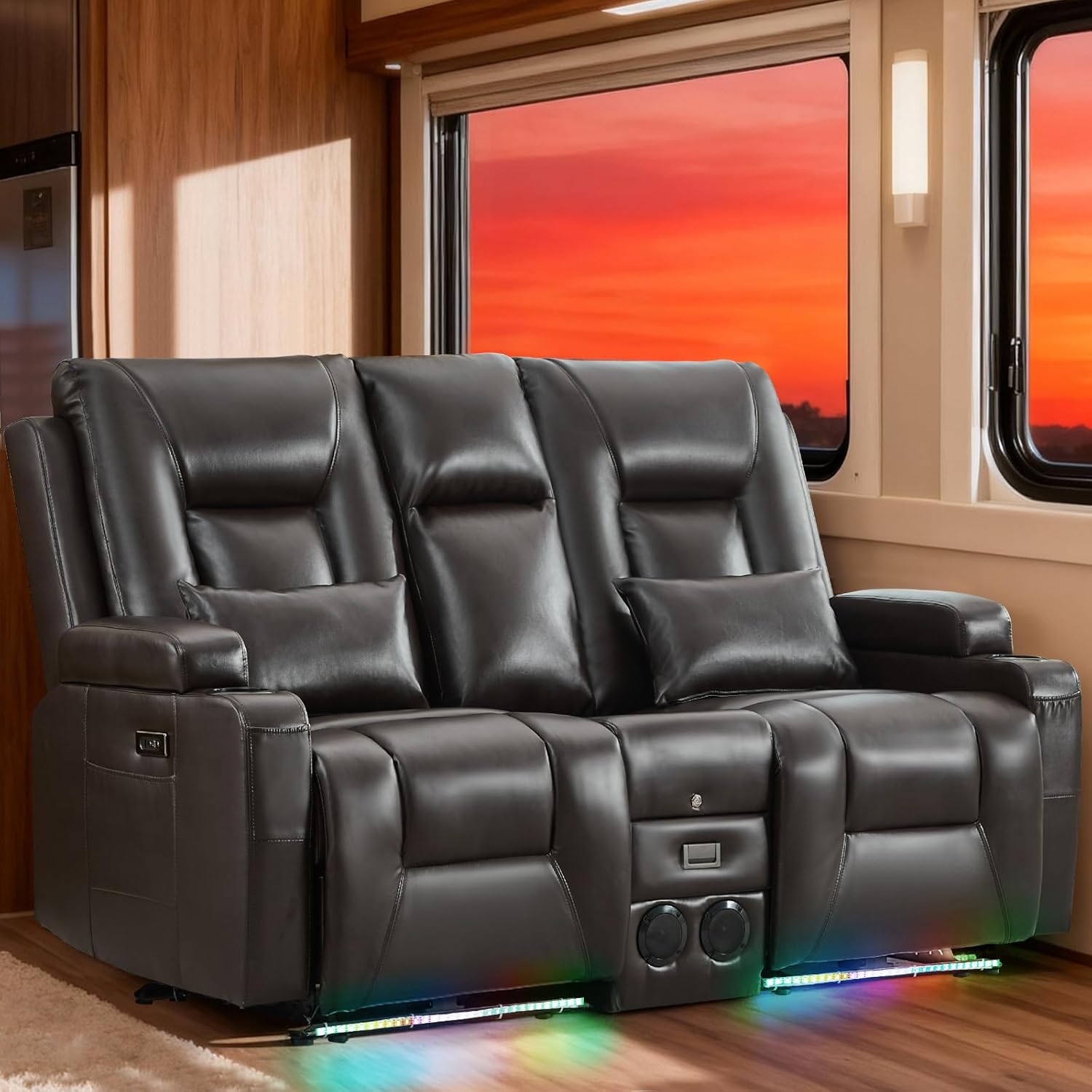 RV Loveseat Recliner Sofa, Power Wall Hugger Reclining RV Couch with Flip-Back Console, Bluetooth Speakers, AC Outlets, LED Lights for RV Furniture, Travel Trailers, Home Theater, Velvet, Blue