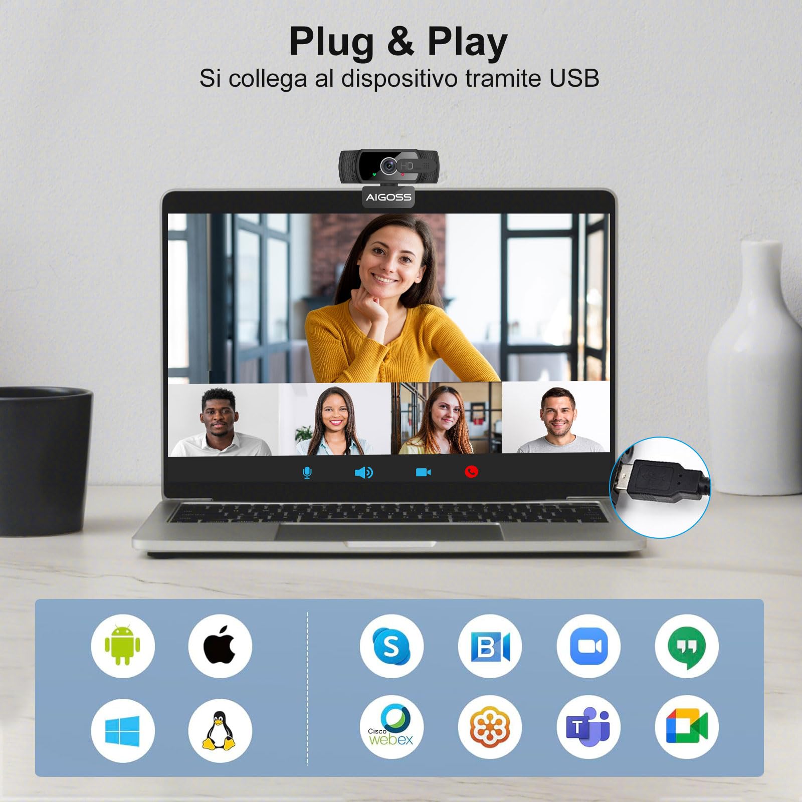1080p Webcam PC con Microfono, Web Camera USB con Privacy Shutter e treppiede, Auto-Focus, Correzione Luce, Videocamera Full HD Plug Play per Laptop Desktop Mac Windows Skype Zoom Team
