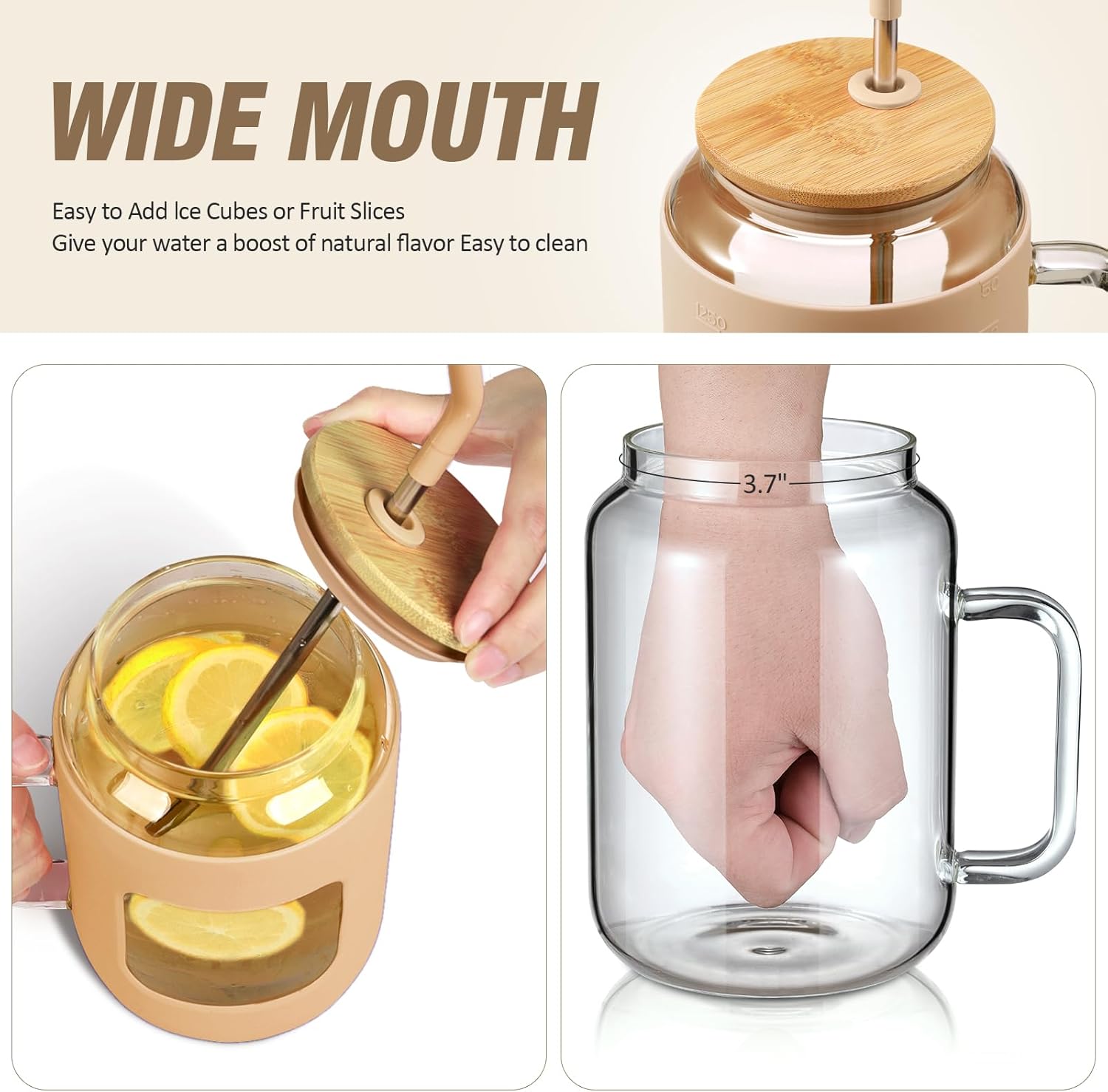 50 oz Glass Water Bottles with Silicone Sleeve,Glass Tumbler with Lid and Straw,Iced Coffee Cup with Handle,BPA Free-Amber - Image 3