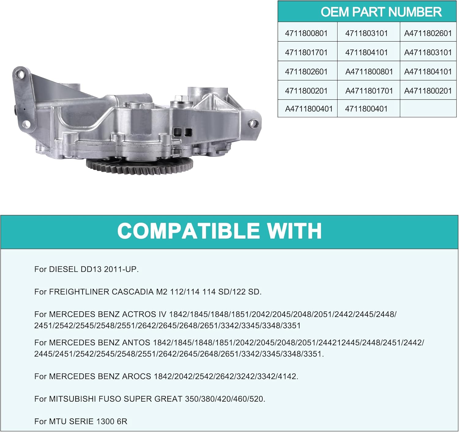 OM471 Oil Pump For Detroit DD13 DD15 DD16,Freightliner Cascadia Western Star,MERCEDES BENZ ACTROS IV ANTOS AROCS,MITSUBISHI FUSO SUPER GREAT,MTU SERIE 1300 6R,A4711800201 4711800401 A4711800801
