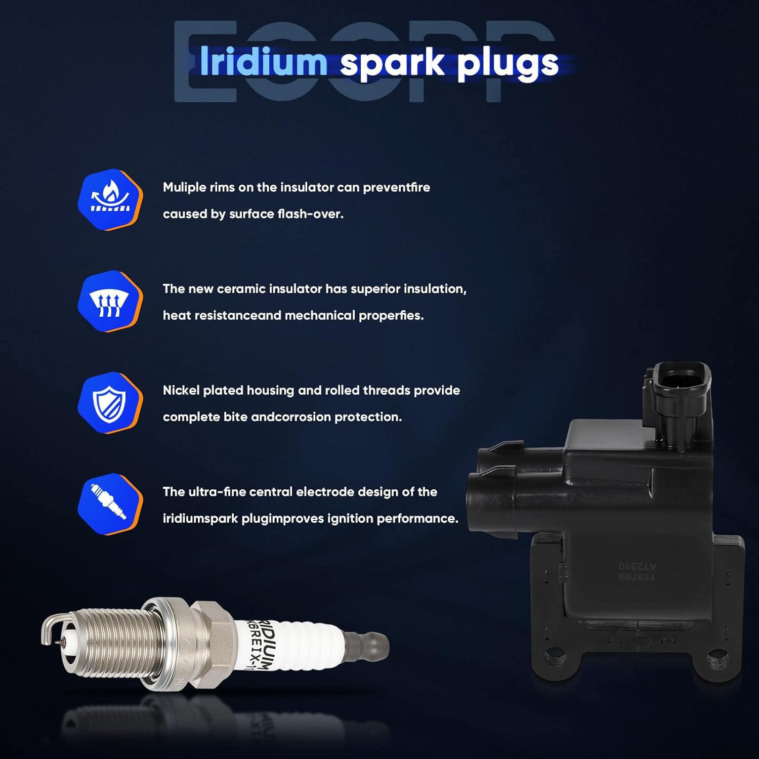 ECCPP 2 ignition coils with 4 iridium Spark Plugs,UF180,coils packs,for Toyota Camry 1997-2001,RAV4 1998-2000,Solara 1999-2001,L4 2.0L 2.2L,UF180,7092,BKR6EGP,MIU12783