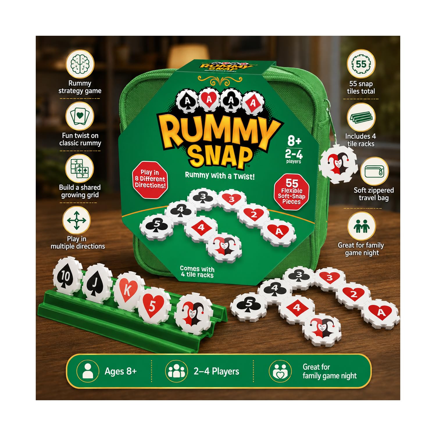 Rummy Strategy Game with Tiles and Racks, Ages 8+, 2-4 Players