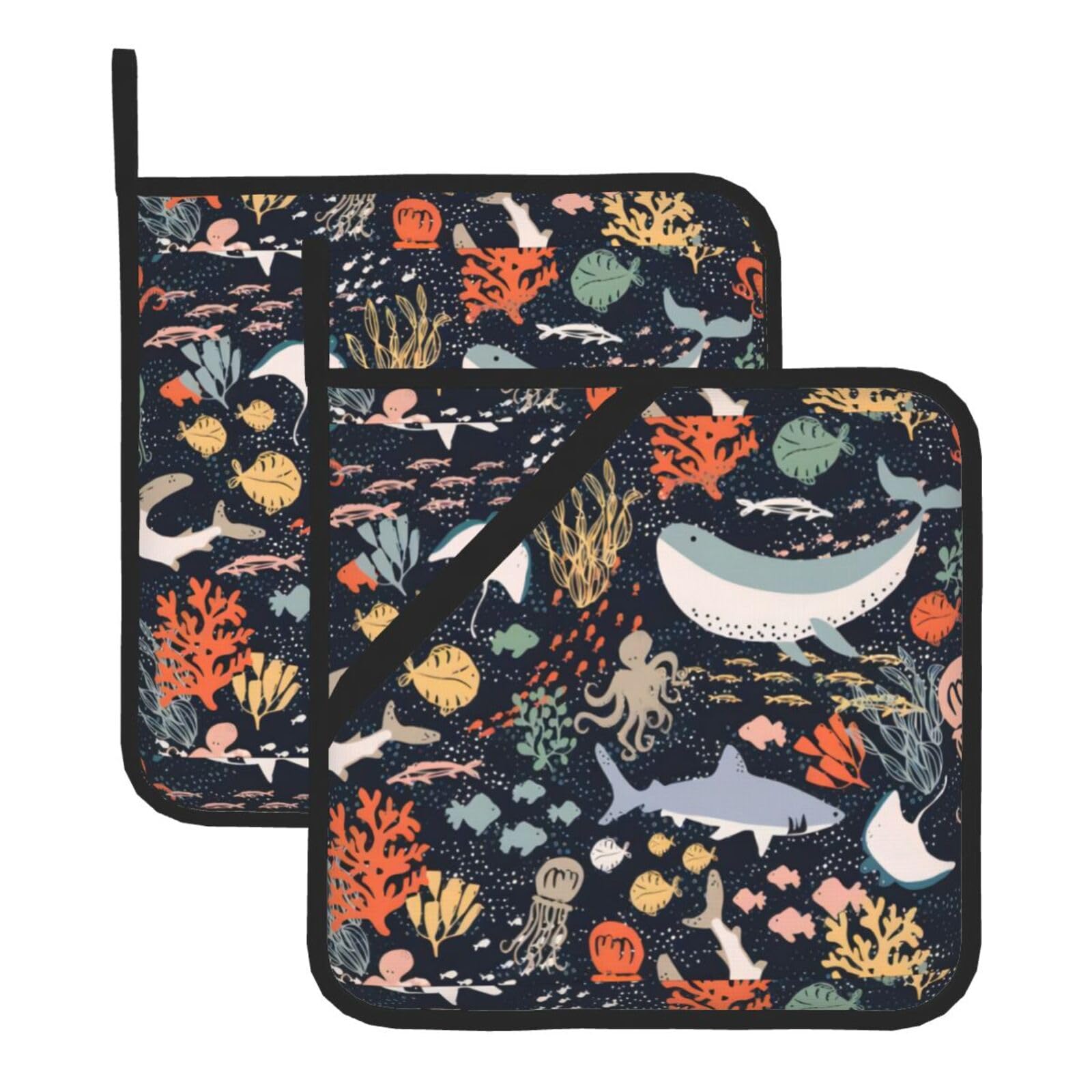 WHJSHOP Colorful Octopus Prints Square Hot Pads for Kitchen - Waterproof Pot Covers with Hanging Loops - Thick Heat Resistant Trivets for Serving & BBQ, 2-Piece Set